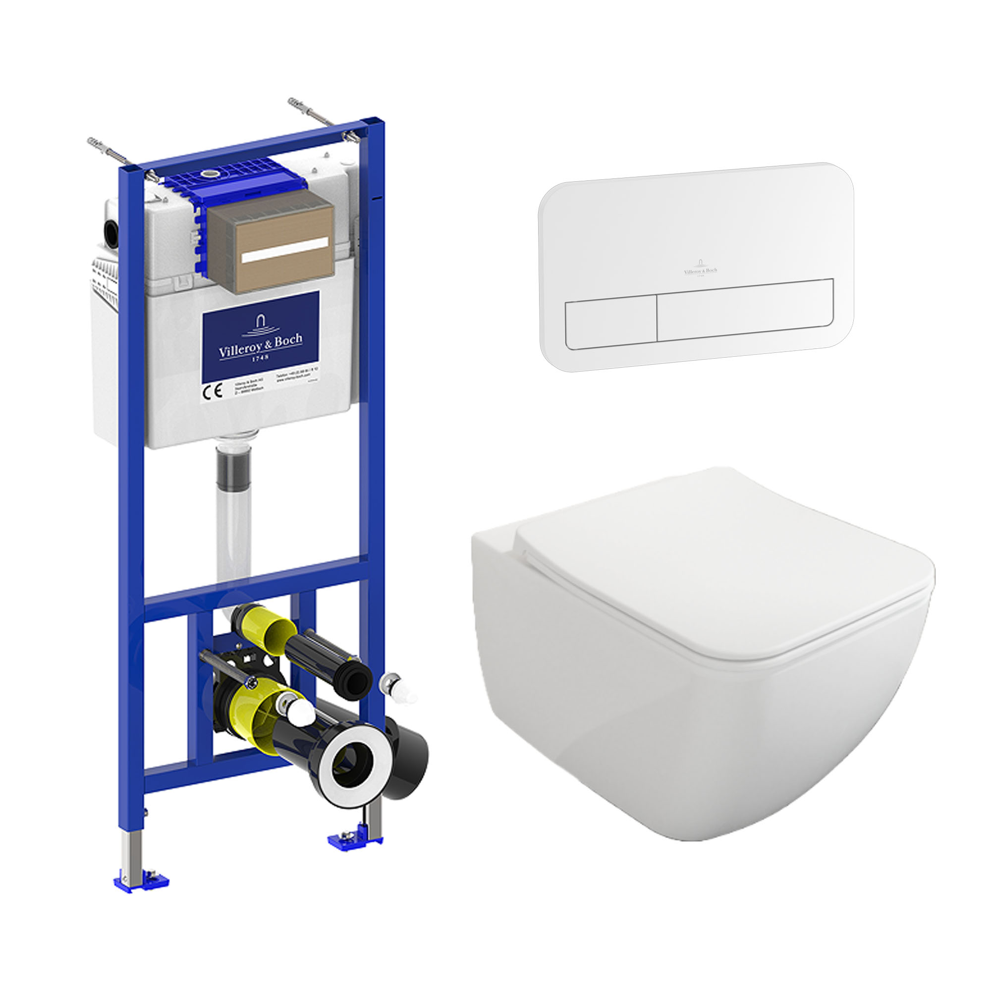Villeroy & Boch ViConnect Pro 2.0 Frame with Venticello Rimless Wall Mounted Toilet, Flush Plate & Soft Close Toilet Seat