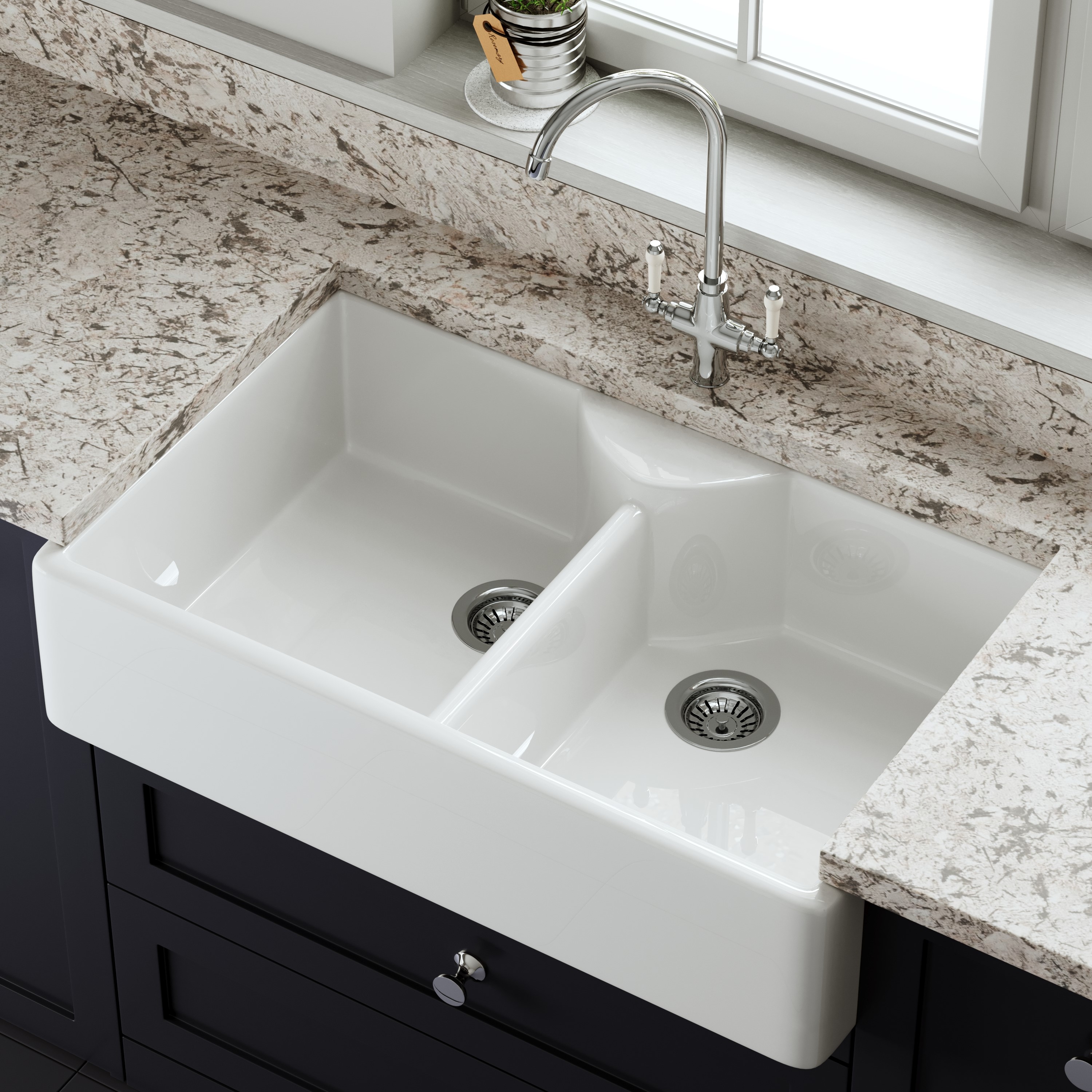 Butler & Rose Large Double Belfast / Butler Ceramic Fireclay Kitchen Sink - 895 x 550mm