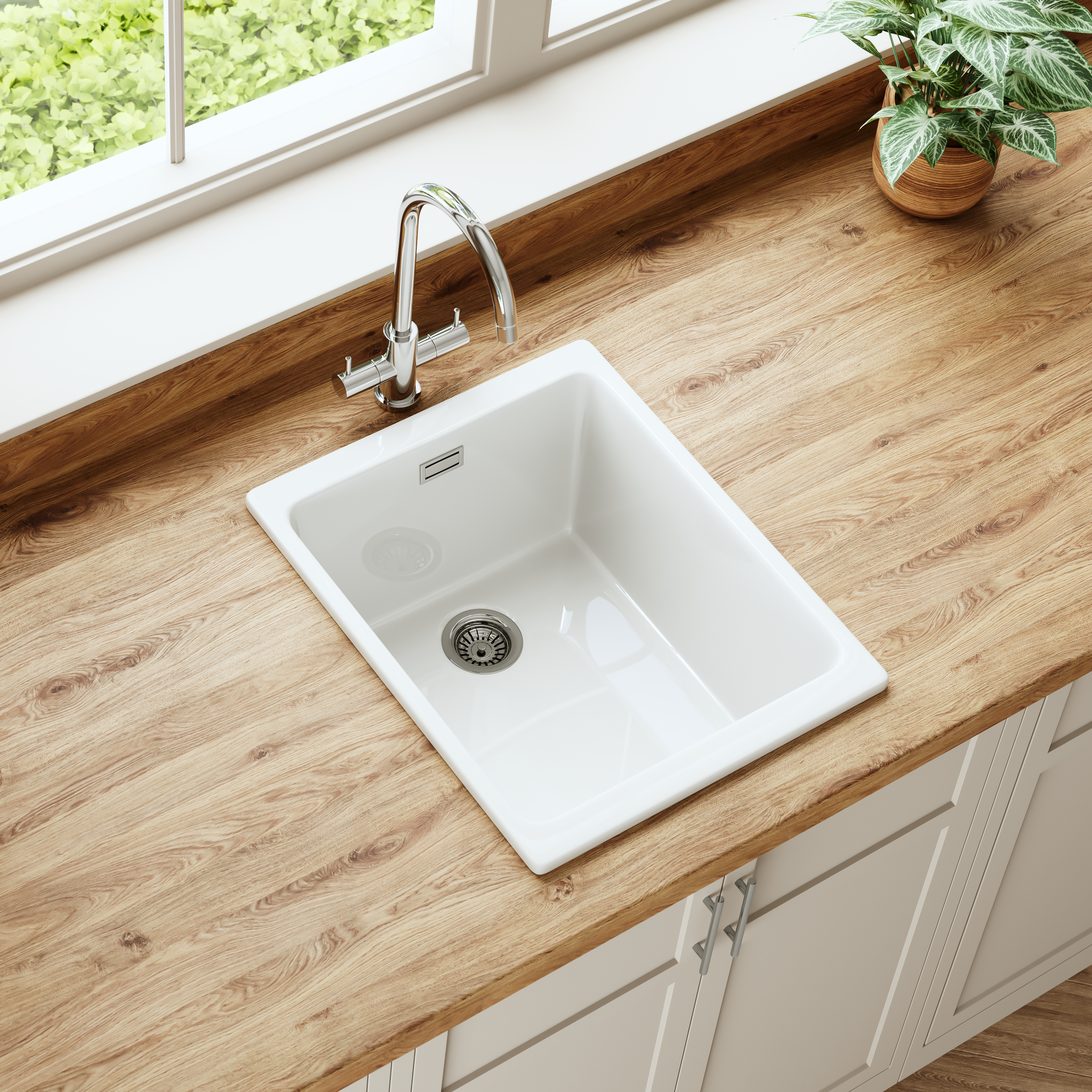 Butler & Rose Bryn Compact 1 Bowl White Fine Fireclay Ceramic Inset/Undermount Kitchen Sink - 370mm x 460mm
