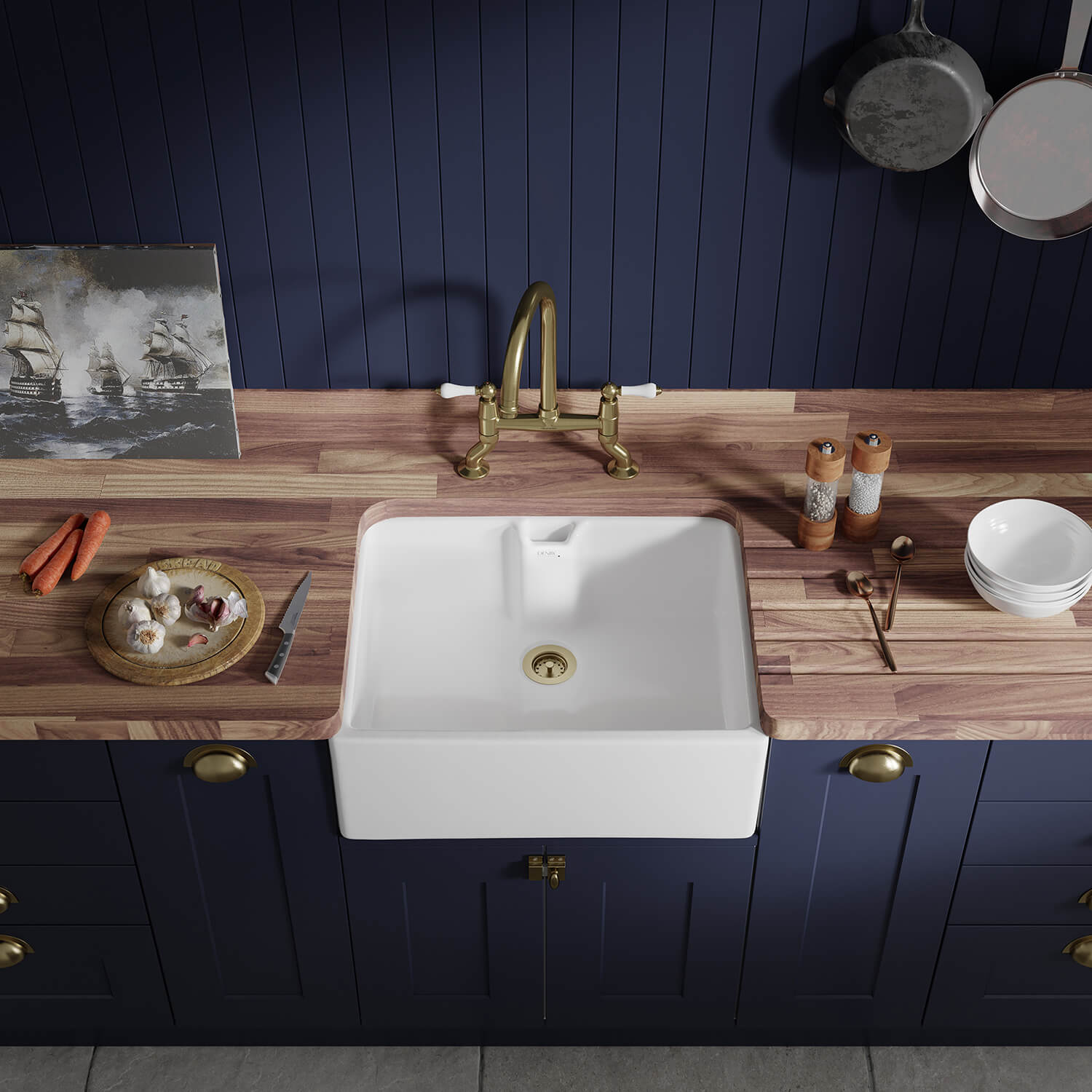 Thomas Denby Norfolk Belfast 1 Bowl Gloss White Ceramic Kitchen Sink - 595 x 460mm