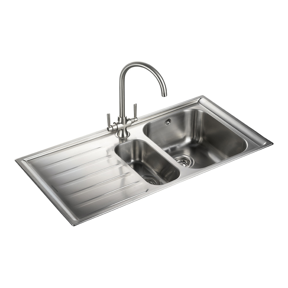 Rangemaster Manhattan 1.5 Bowl Brushed Stainless Steel Sink & Waste Kit with Left Hand Drainer - 1010 x 515mm
