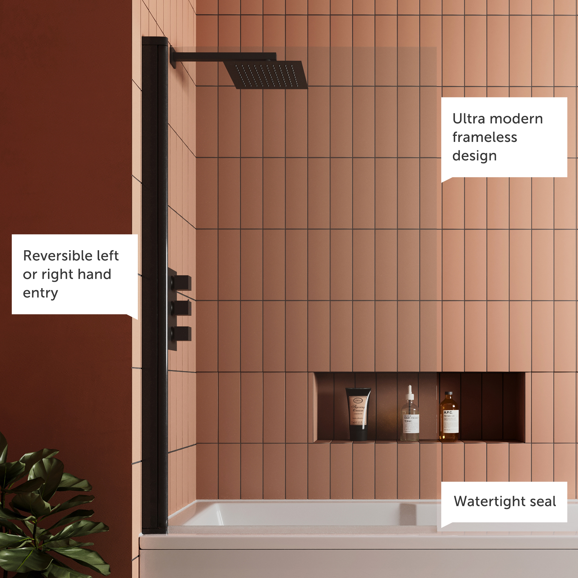 Vellamo City 6mm Matt Black Square Corner Hinged Bath Screen - 1430 x 770mm