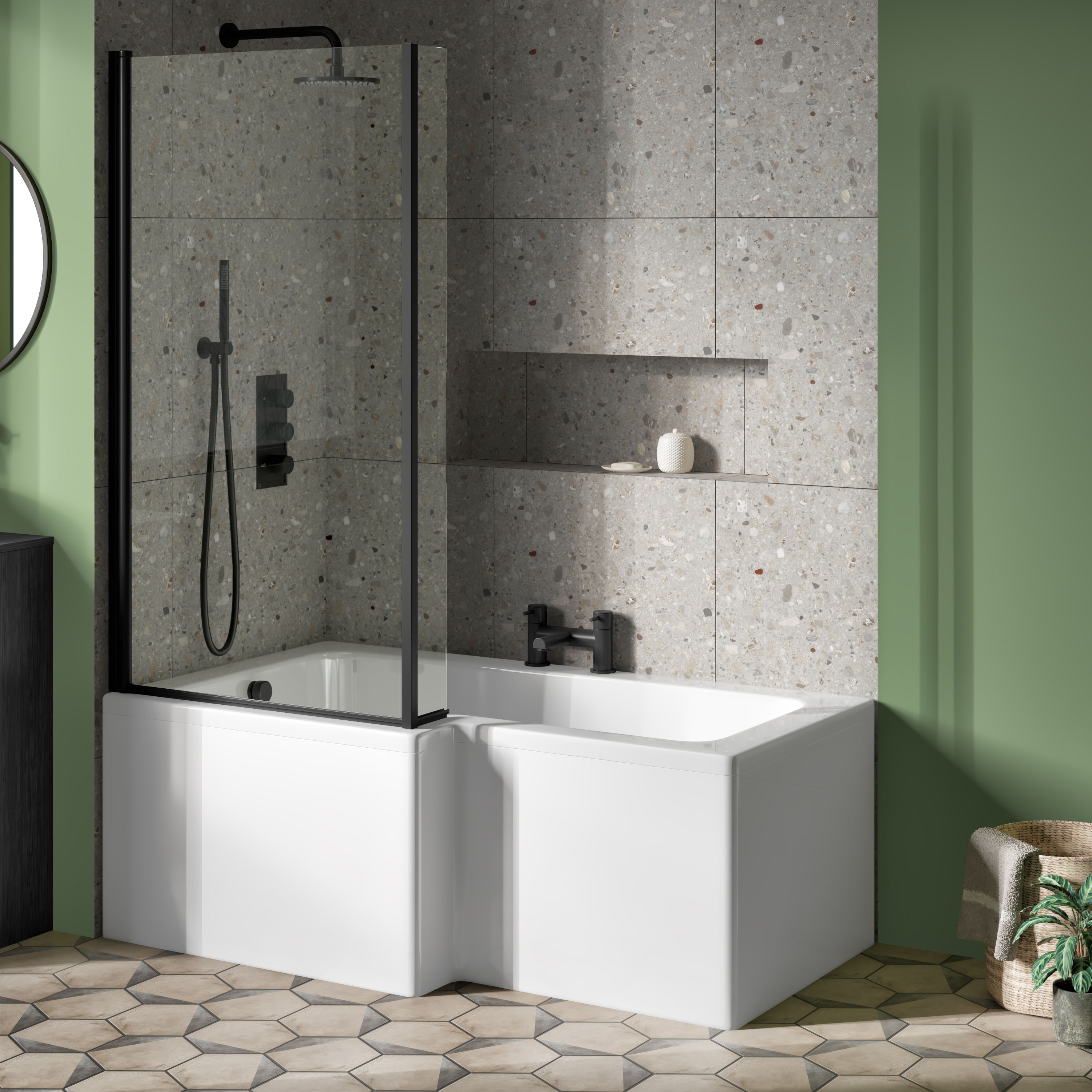 Vellamo City 6mm Matt Black Square Corner Hinged Bath Screen With Fixed Return - 1430 x 780mm