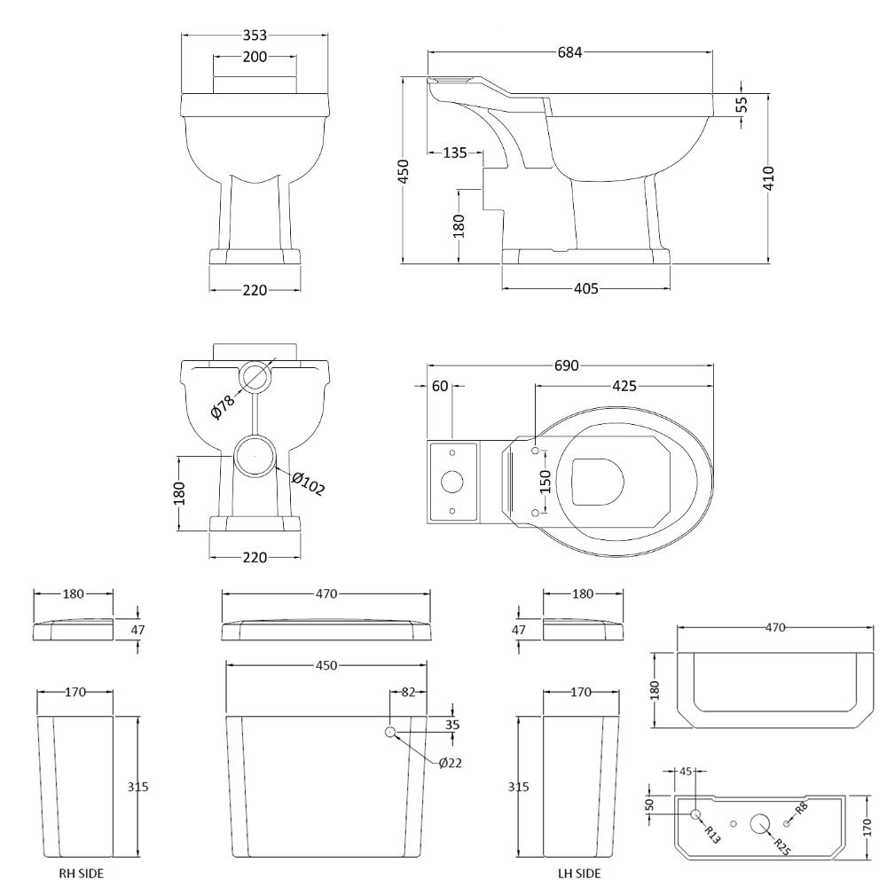 Butler & Rose Ophelia Traditional Toilet & 500mm Wall Hung Vanity Unit Bathroom Suite