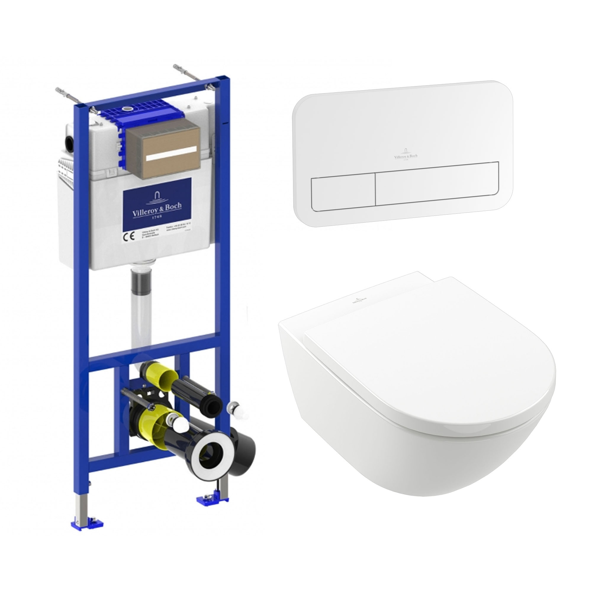 Villeroy & Boch ViConnect Pro 2.0 Frame with Subway 3.0 TwistFlush Rimless Wall Mounted Toilet, Flush Plate & Soft Close Toilet Seat