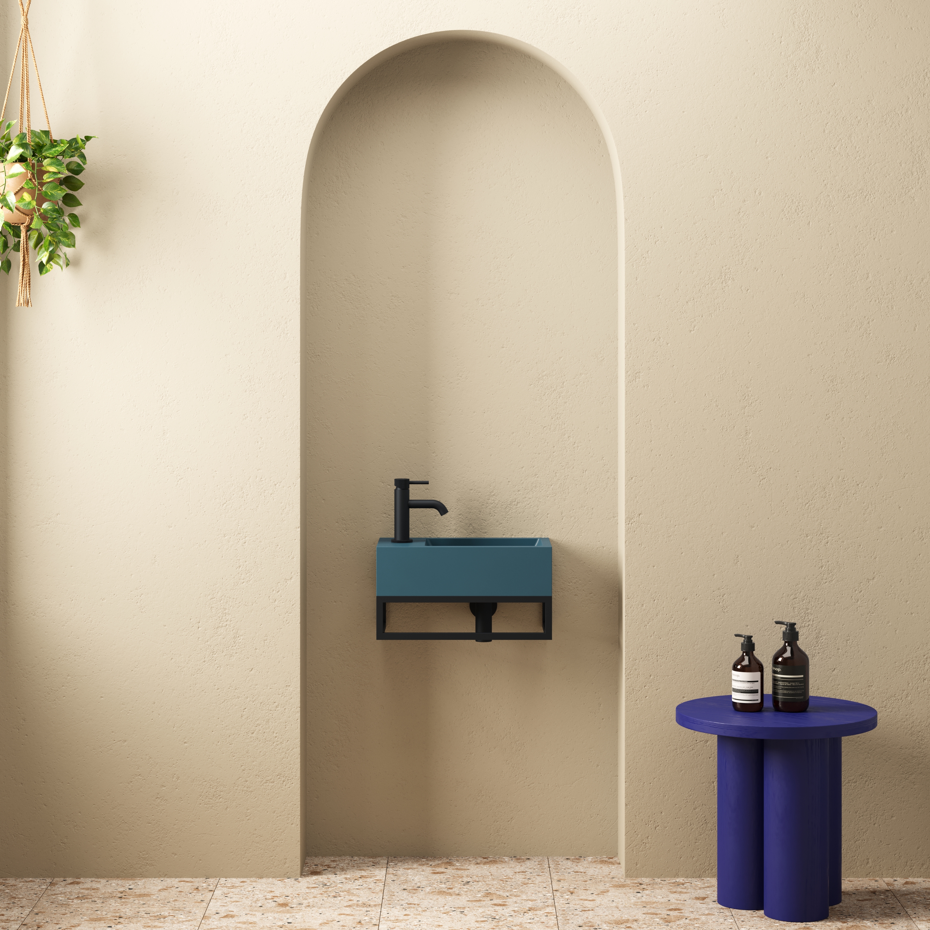 Harbour Concrete 400mm Cloakroom Wall Hung Atlantic Teal Basin & Matt Black Frame