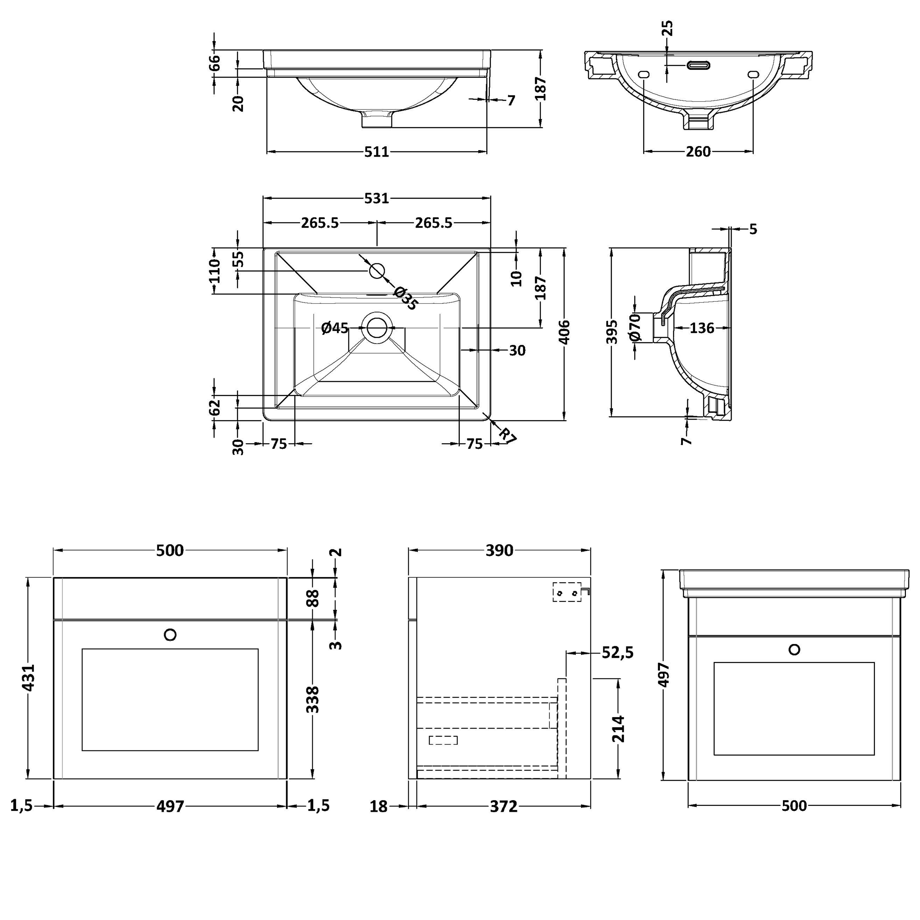 Butler & Rose Ophelia Traditional Toilet & 500mm Wall Hung Vanity Unit Bathroom Suite