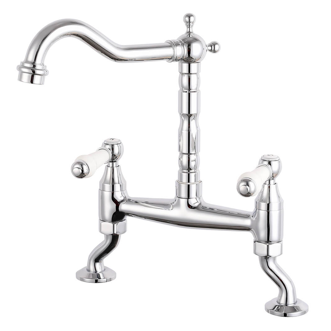 Rangemaster Classic Belfast 1 Bowl White Fireclay Ceramic Sink & Waste and Butler & Rose Carlton Traditional Kitchen Bridge Mixer - Lever Handles