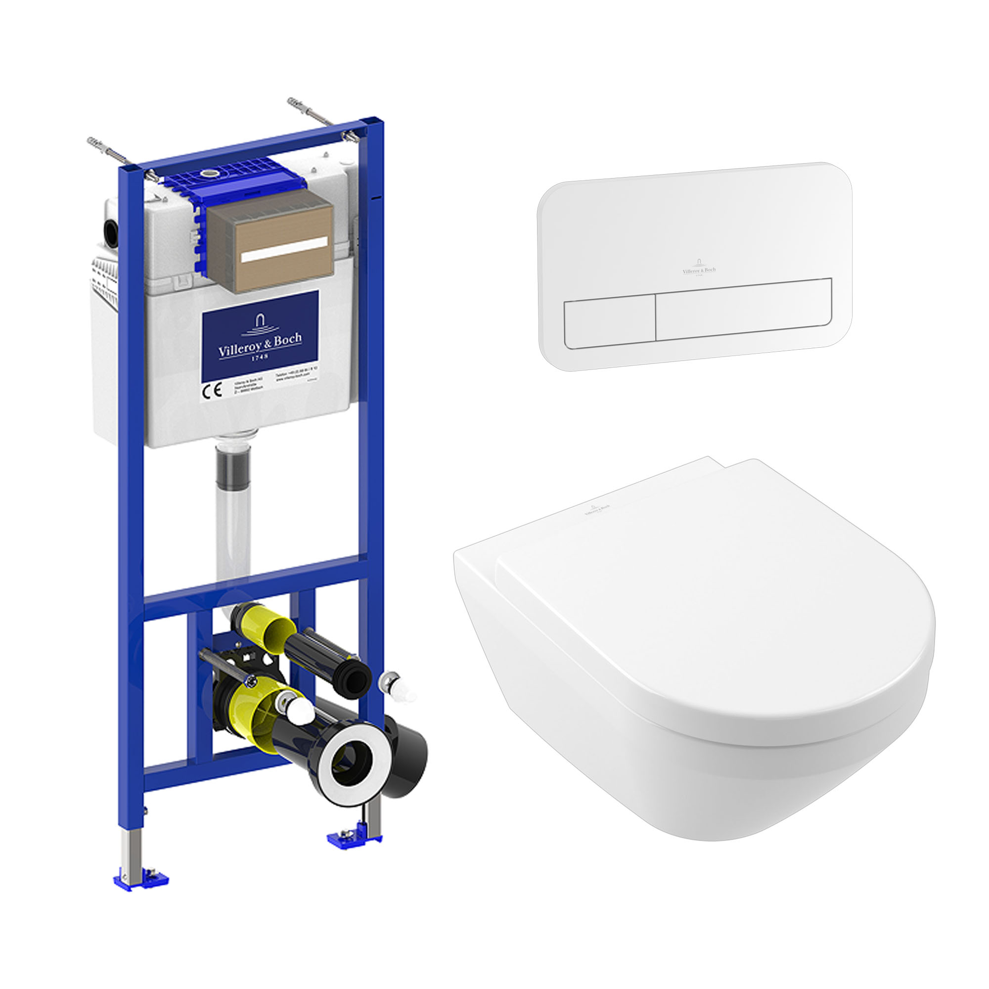 Villeroy & Boch ViConnect Pro 2.0 Frame with Architectura TwistFlush Rimless Wall Mounted Toilet, Flush Plate & Soft Close Toilet Seat