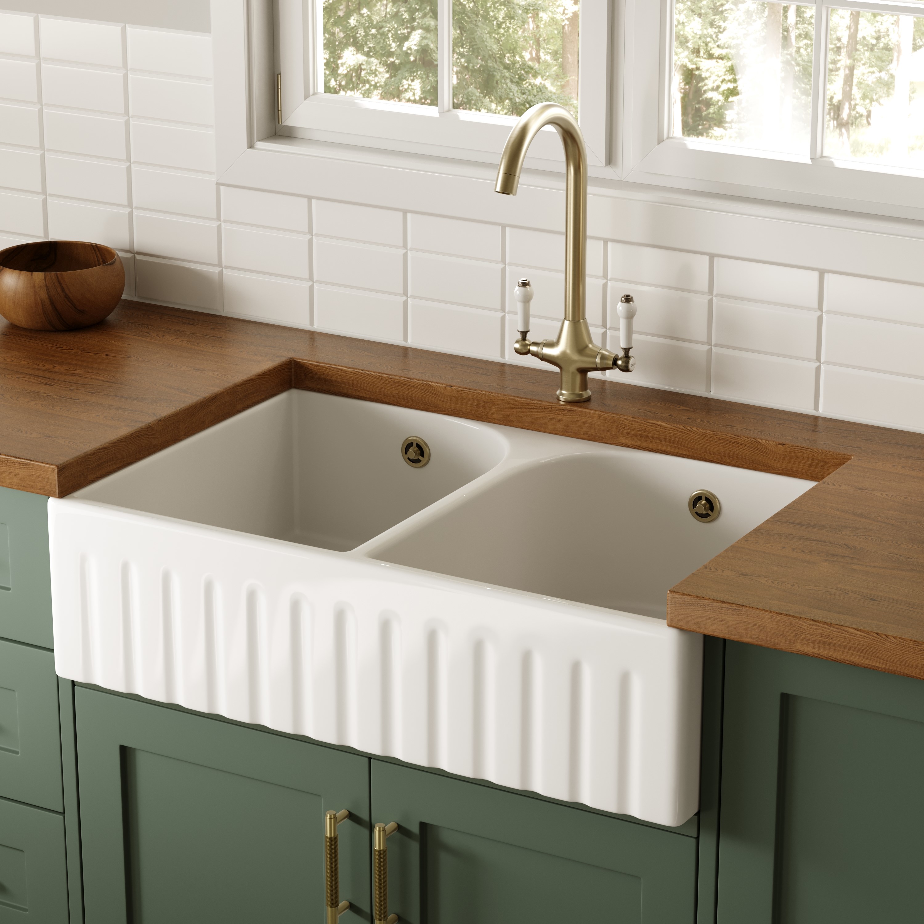 Butler & Rose Fluted Ceramic Fireclay Double Belfast / Butler Kitchen Sink - 795 x 500mm