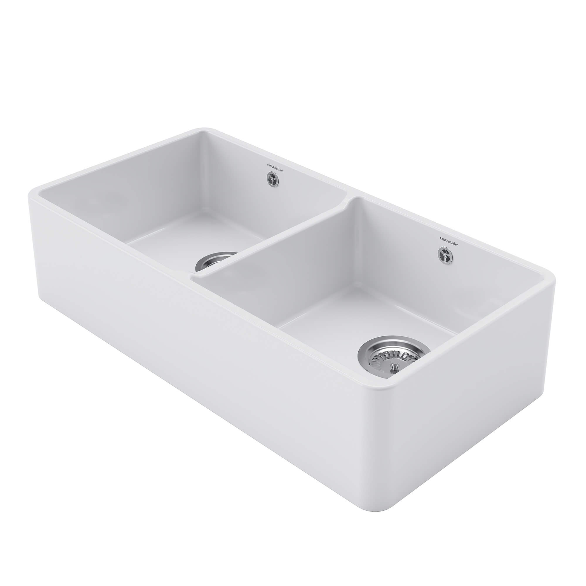 Rangemaster Double Belfast Large 2 Bowl White Ceramic Kitchen Sink & Waste Kit - 895 x 460mm