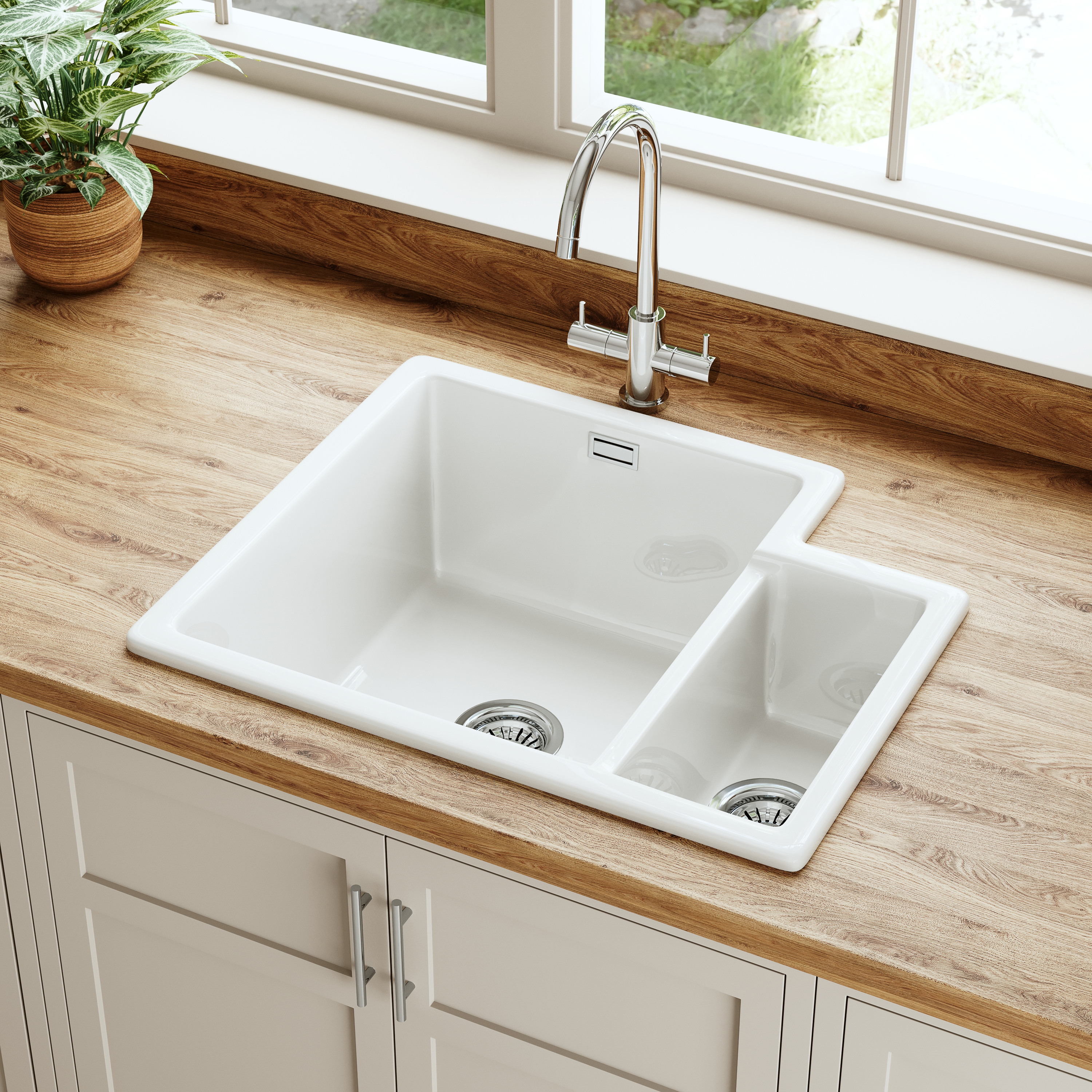 Butler & Rose Bryn 1.5 Bowl White Fine Fireclay Ceramic Inset/Undermount Kitchen Sink - 549 x 441mm