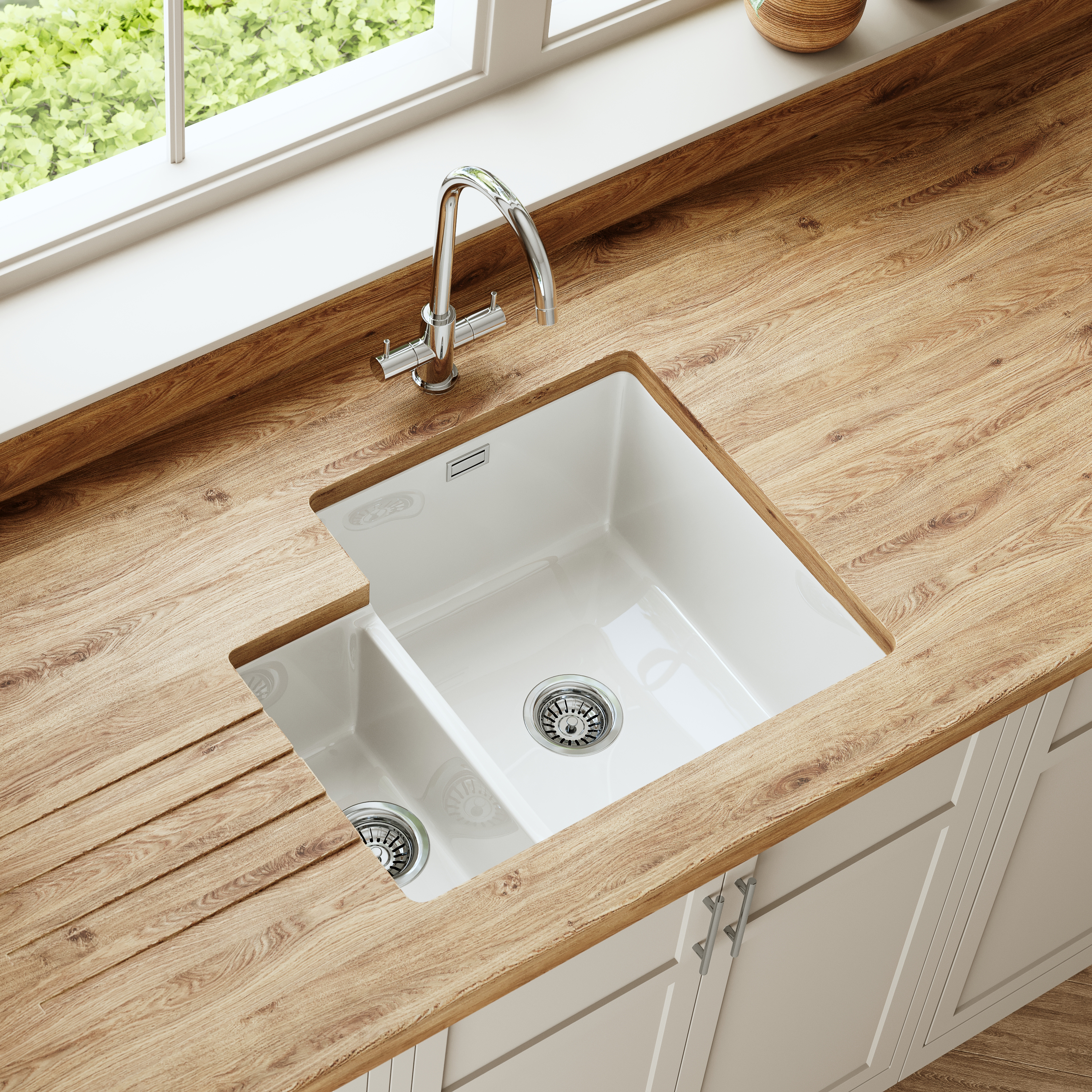 Butler & Rose Bryn 1.5 Bowl White Fine Fireclay Ceramic Inset/Undermount Kitchen Sink - 549 x 441mm