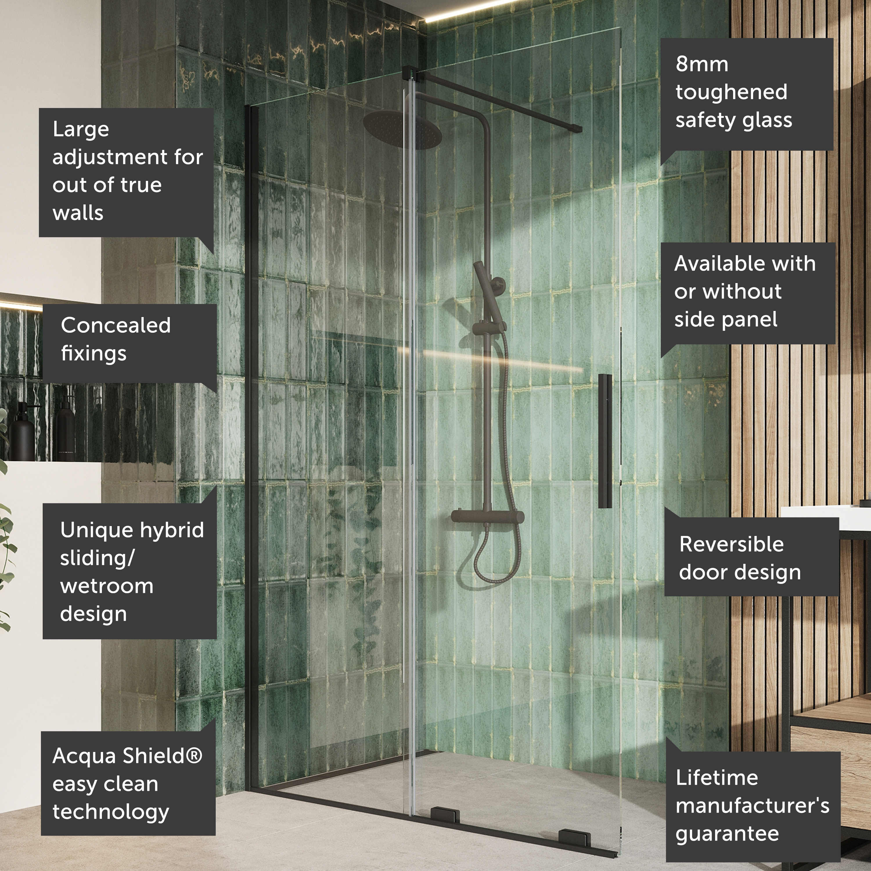 Harbour Momentum 8mm Easy Clean 2m Tall Sliding or Wetroom Shower Door & Optional Side Panel - Matt Black