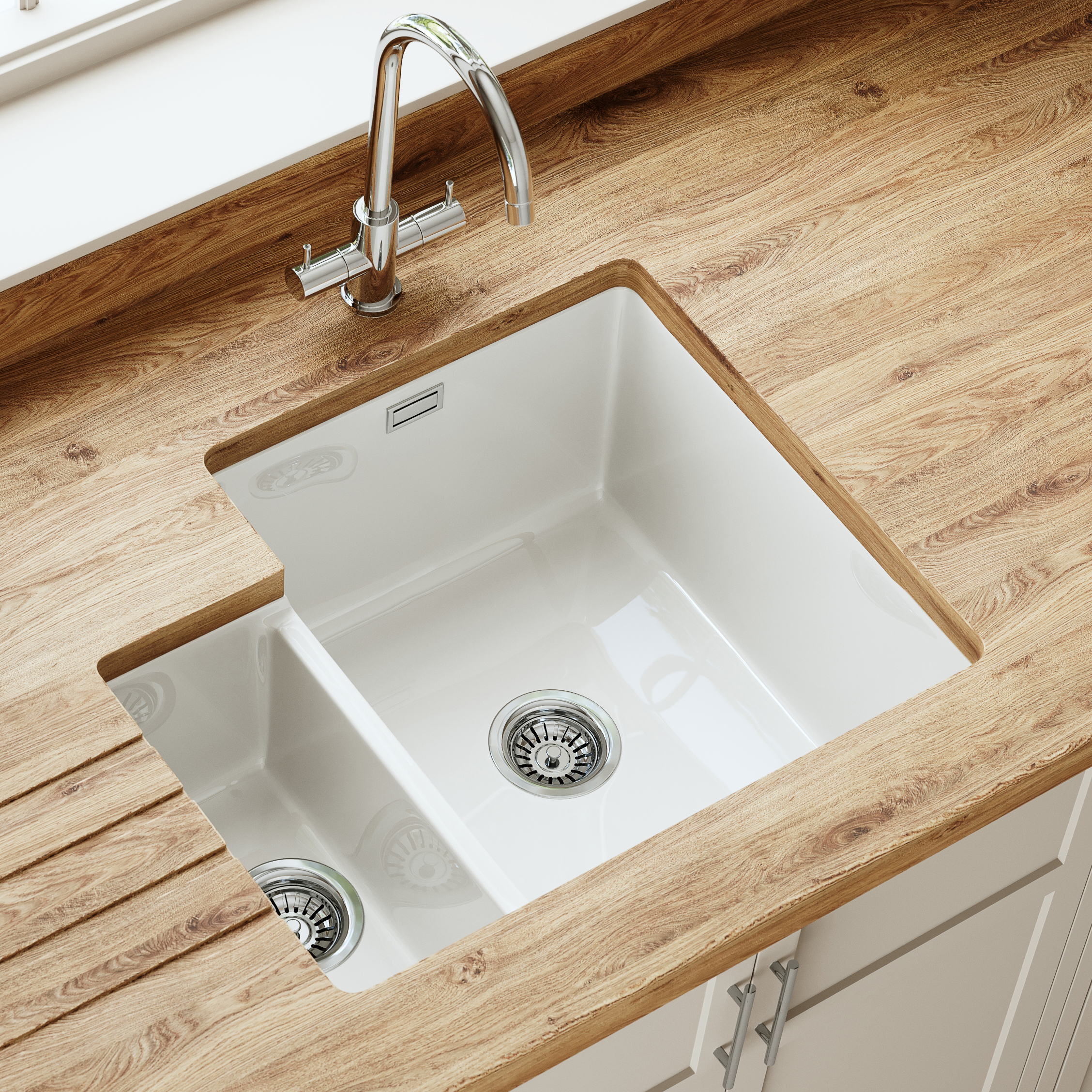 Butler & Rose Bryn 1.5 Bowl White Fine Fireclay Ceramic Inset/Undermount Kitchen Sink - 549 x 441mm