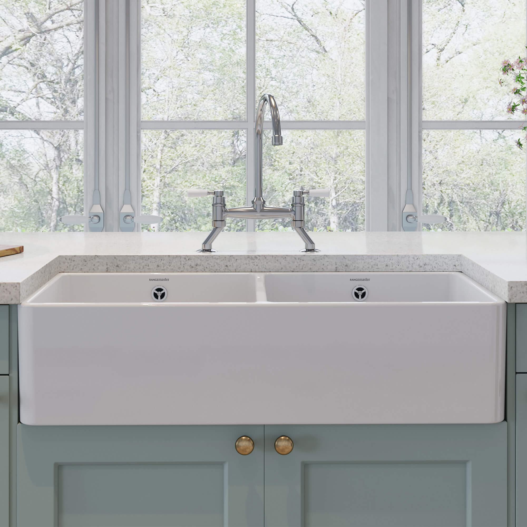 Rangemaster Double Belfast Large 2 Bowl White Ceramic Kitchen Sink & Waste Kit - 895 x 460mm