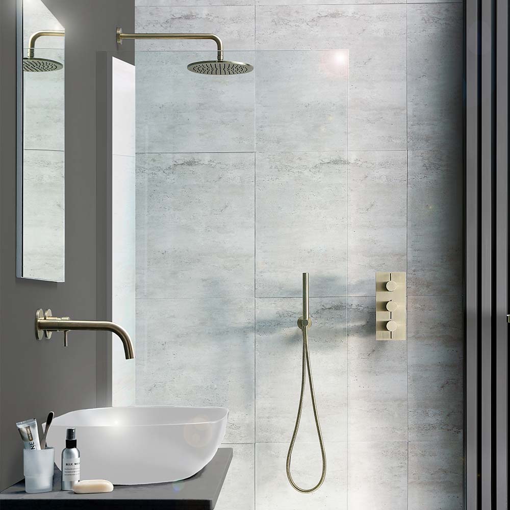 VOS Round Water Outlet & Holder with Metal Hose & Slim Hand Shower- Brushed Brass