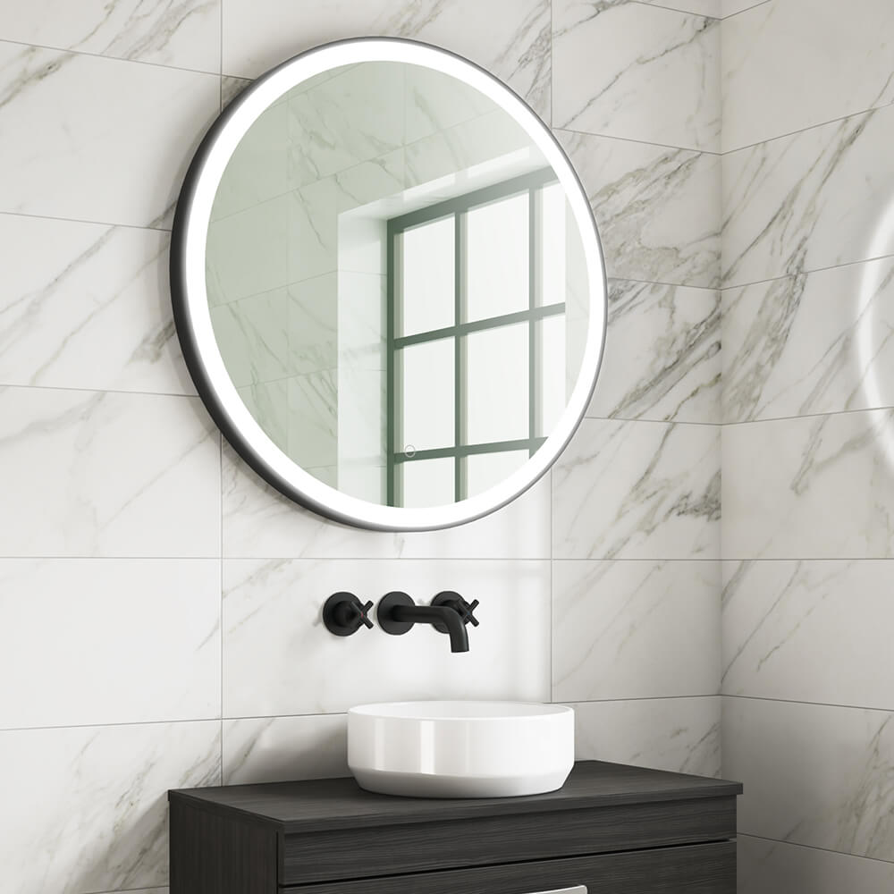 Harbour Status LED Illuminated Black Frame Round Mirror with Demister Pad & Colour Change LEDs - 2 Sizes