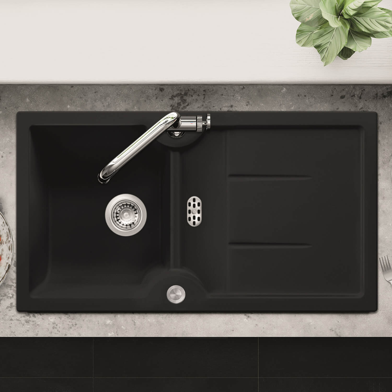 Thomas Denby Harmony XW 1 Bowl Ceramic Kitchen Sink & Presto Automatic Waste with Reversible Drainer - 915 x 500mm