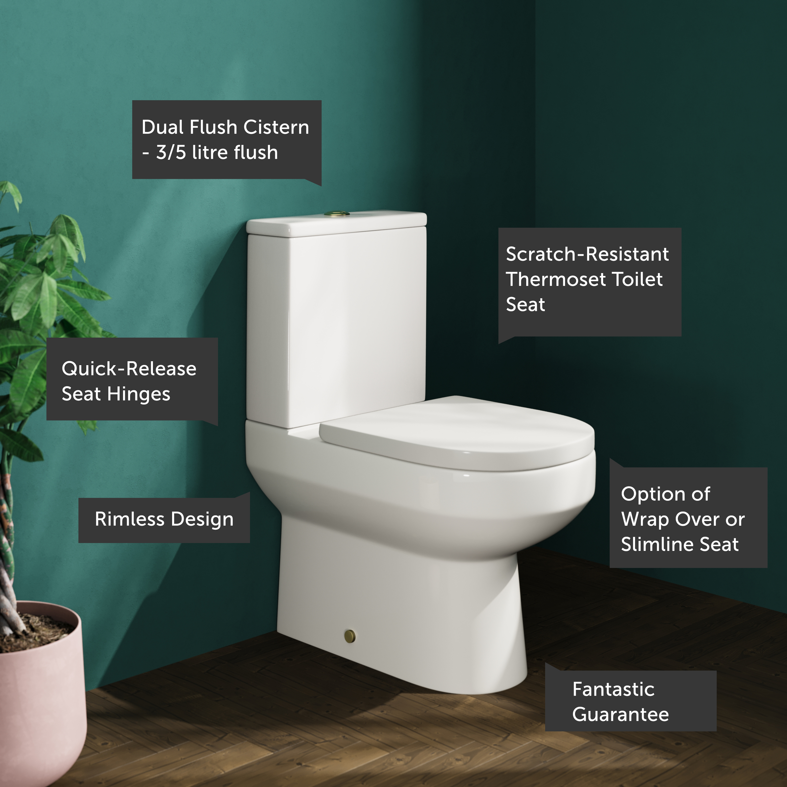 Lorraine Rimless Back To Wall Close Coupled Toilet & Soft Close Seat