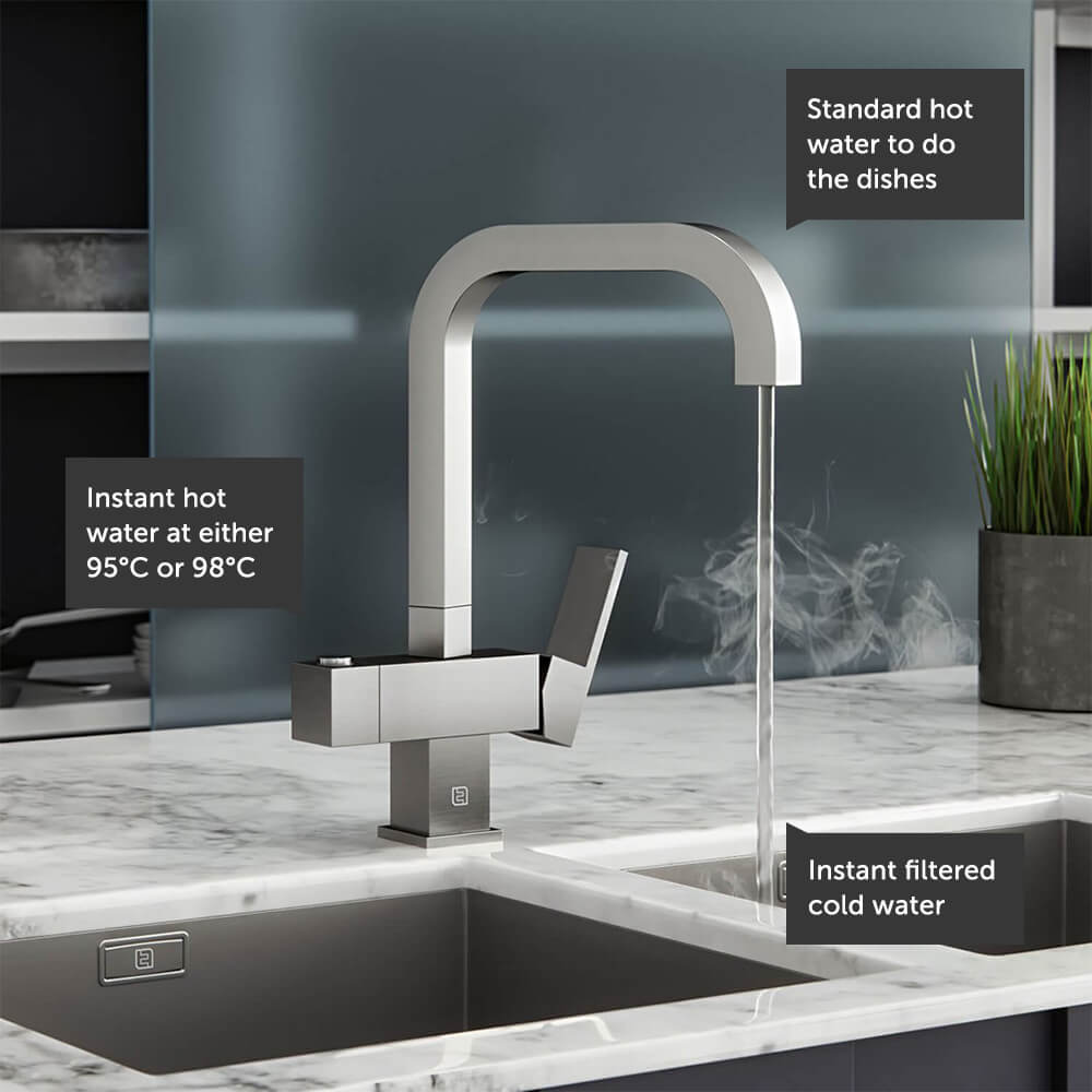 The Tap Factory Tetra Filtered Cold & Instant Boiling Water Tap with Filter & WRAS Approved Boiler Tank - Brushed Steel