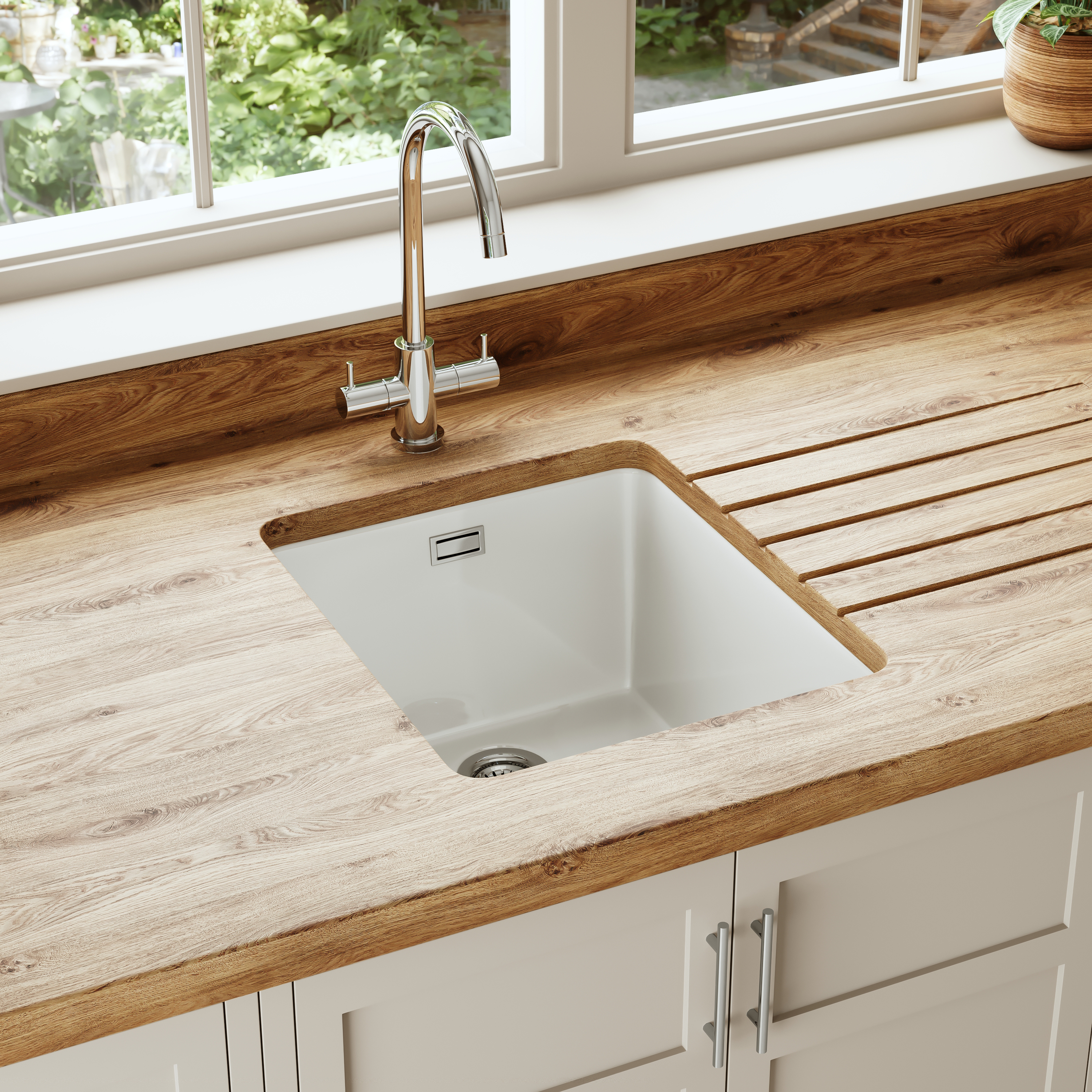 Butler & Rose Bryn Compact 1 Bowl White Fine Fireclay Ceramic Inset/Undermount Kitchen Sink - 370mm x 460mm