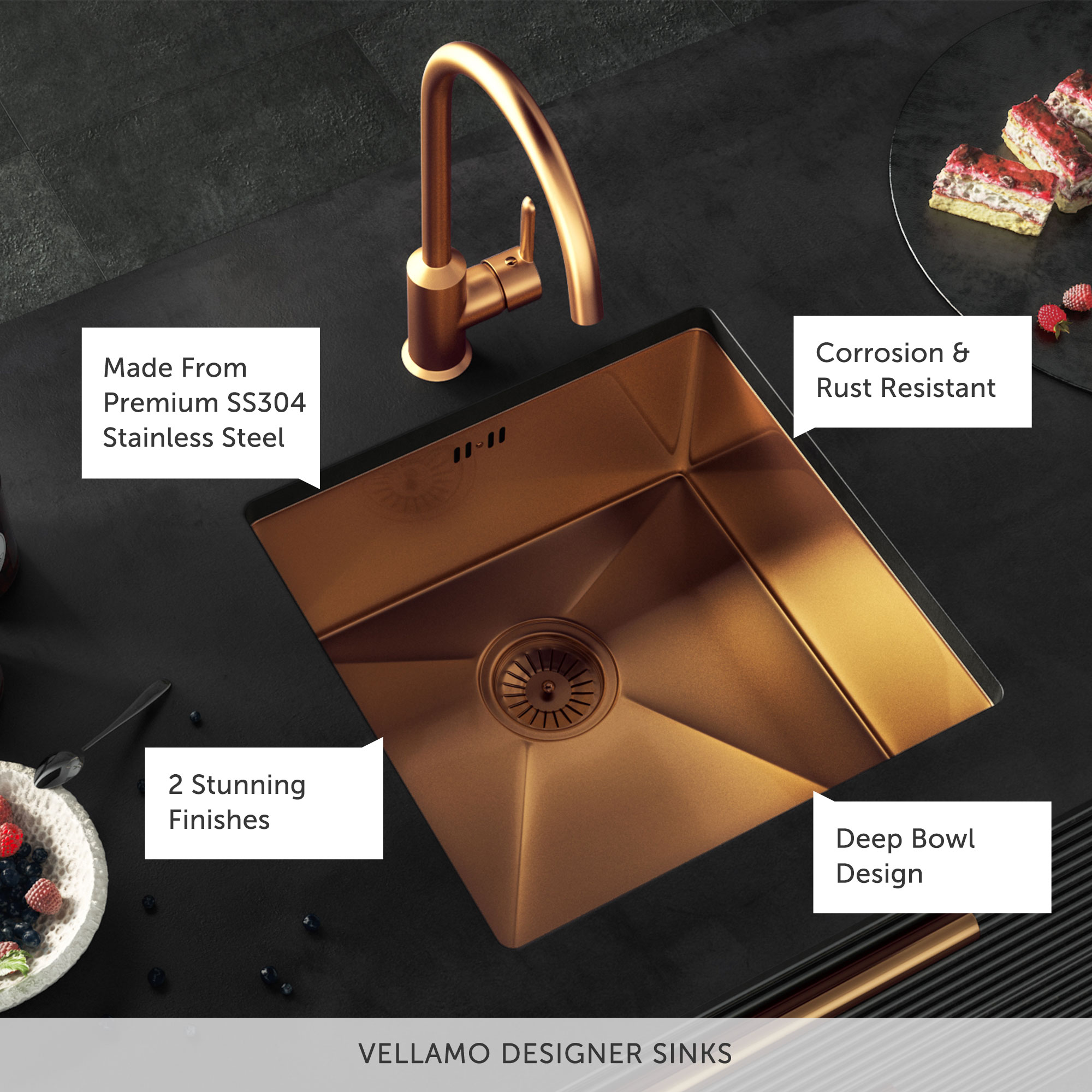 Vellamo Designer Single Bowl Inset/Undermount Stainless Steel Kitchen Sink & Waste - 440 x 440mm