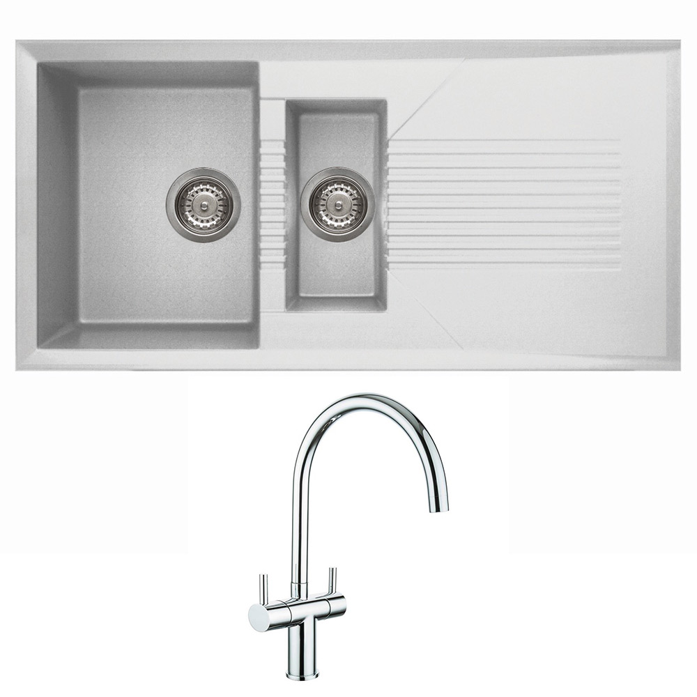 Reginox Tekno White Granite Composite 1.5 Bowl Kitchen Sink & Vellamo Caspian Monobloc Mixer Tap