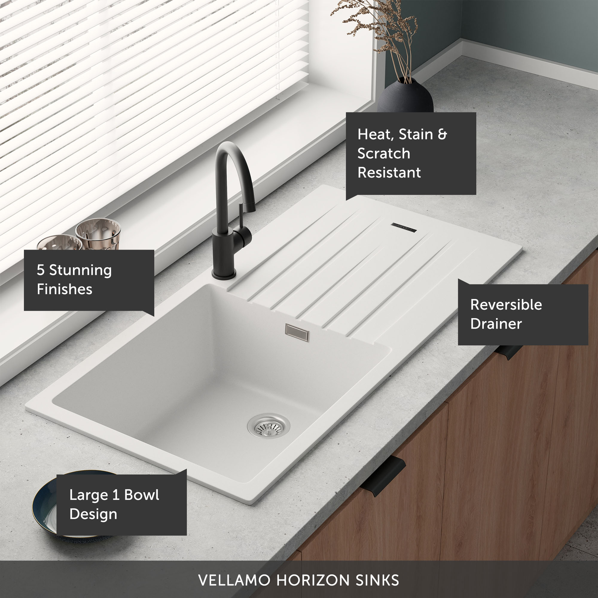 Vellamo Horizon Large Single Bowl Granite Composite Kitchen Sink & Waste - 1000 x 500mm