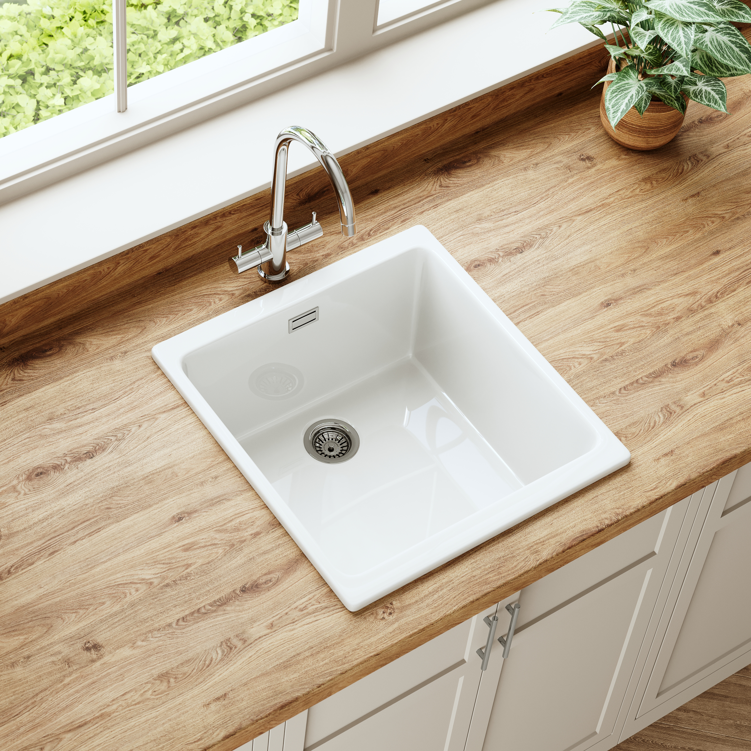 Butler & Rose Bryn 1 Bowl White Fine Fireclay Ceramic Inset/Undermount Kitchen Sink - 430mm x 460mm