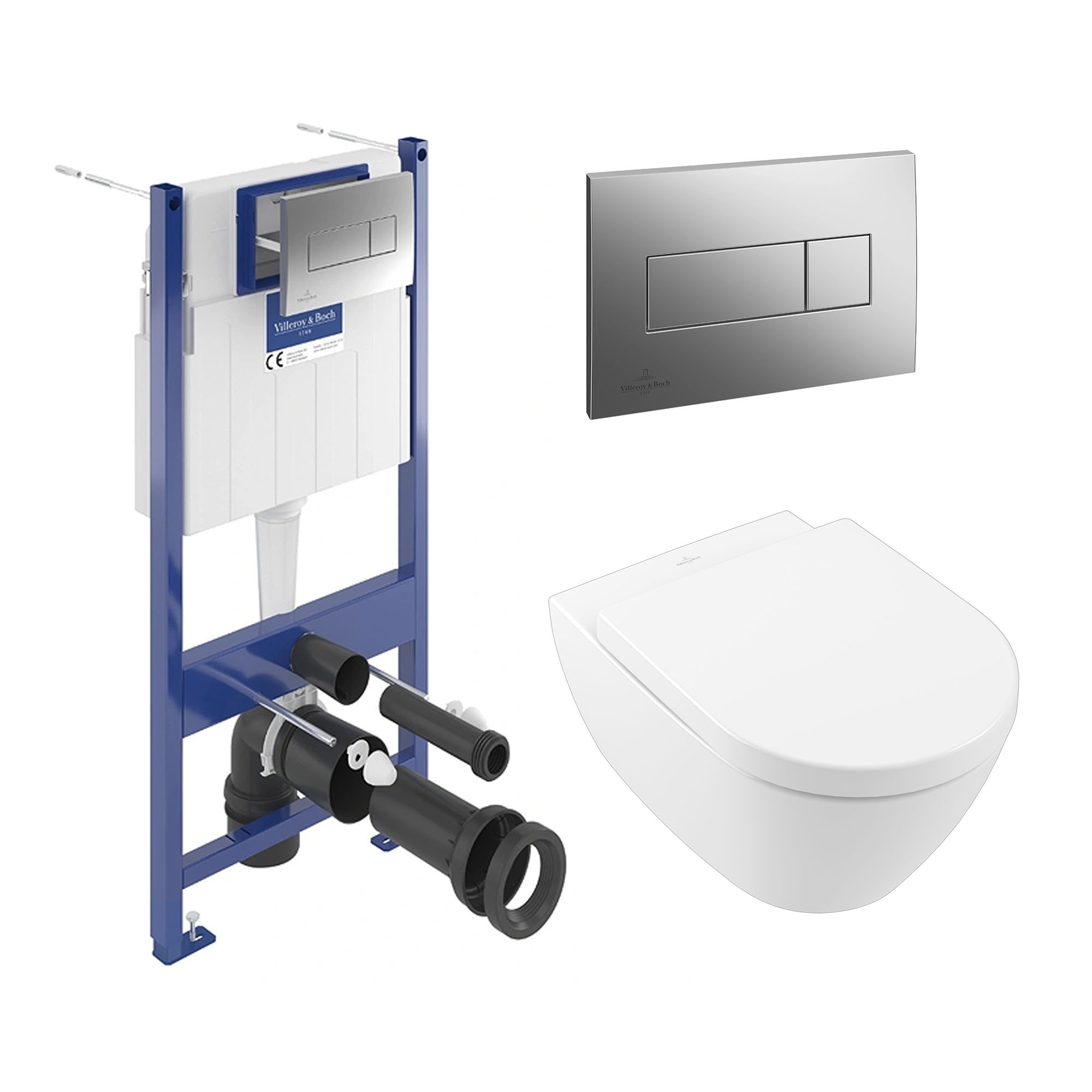 Villeroy & Boch ViConnect Pro S Frame with Subway 2.0 Wall Mounted Rimless Toilet, Flush Plate & Soft Close Toilet Seat