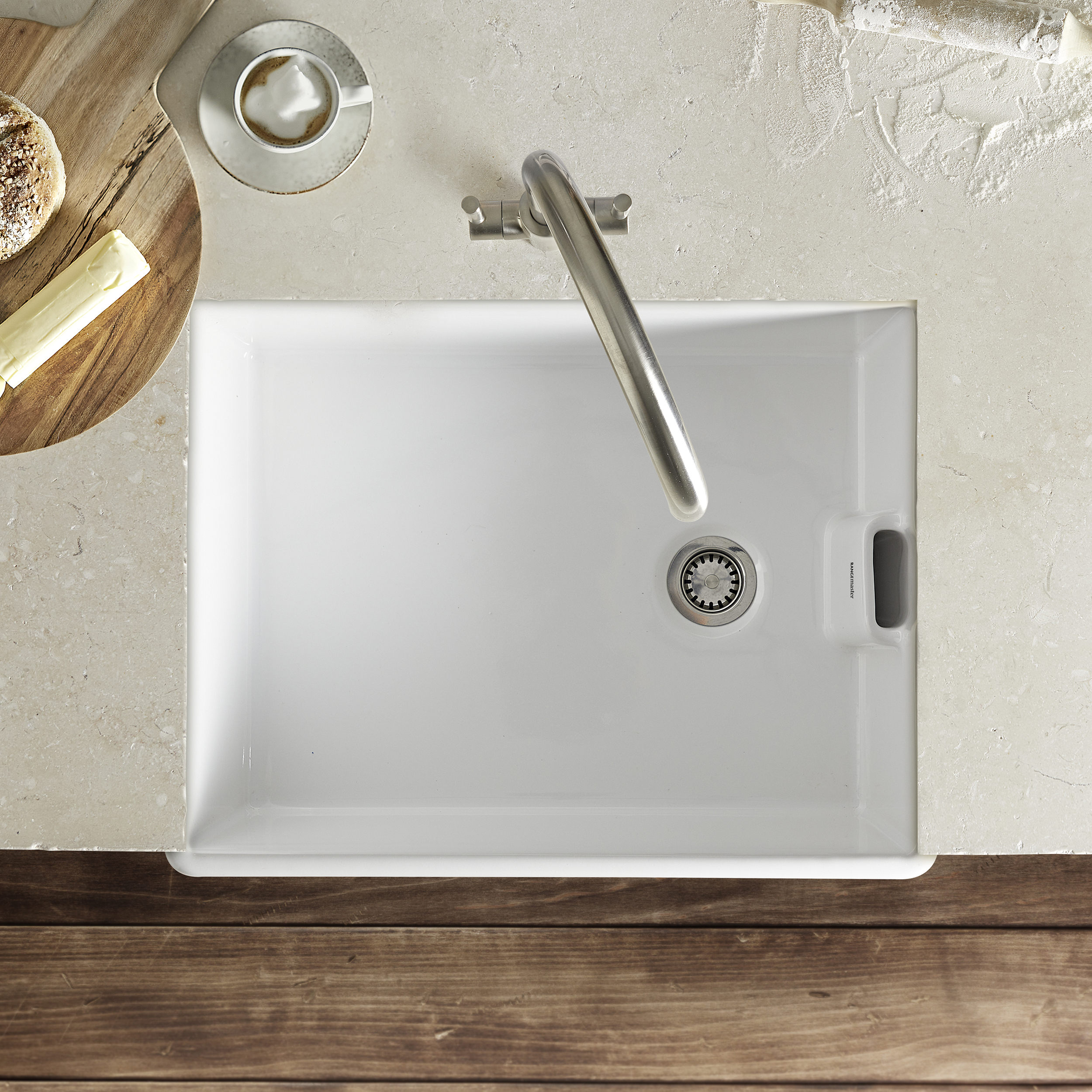 Rangemaster Grange Belfast 1 Bowl Gloss White Fireclay Ceramic Kitchen Sink & Waste - 595 x 455mm