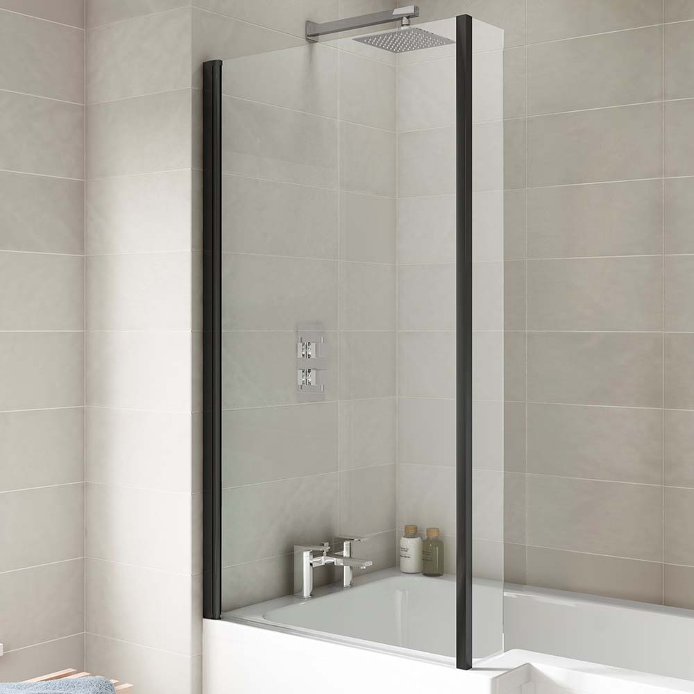 Vellamo City 6mm Matt Black Square Corner Hinged Bath Screen With Fixed Return - 1430 x 780mm