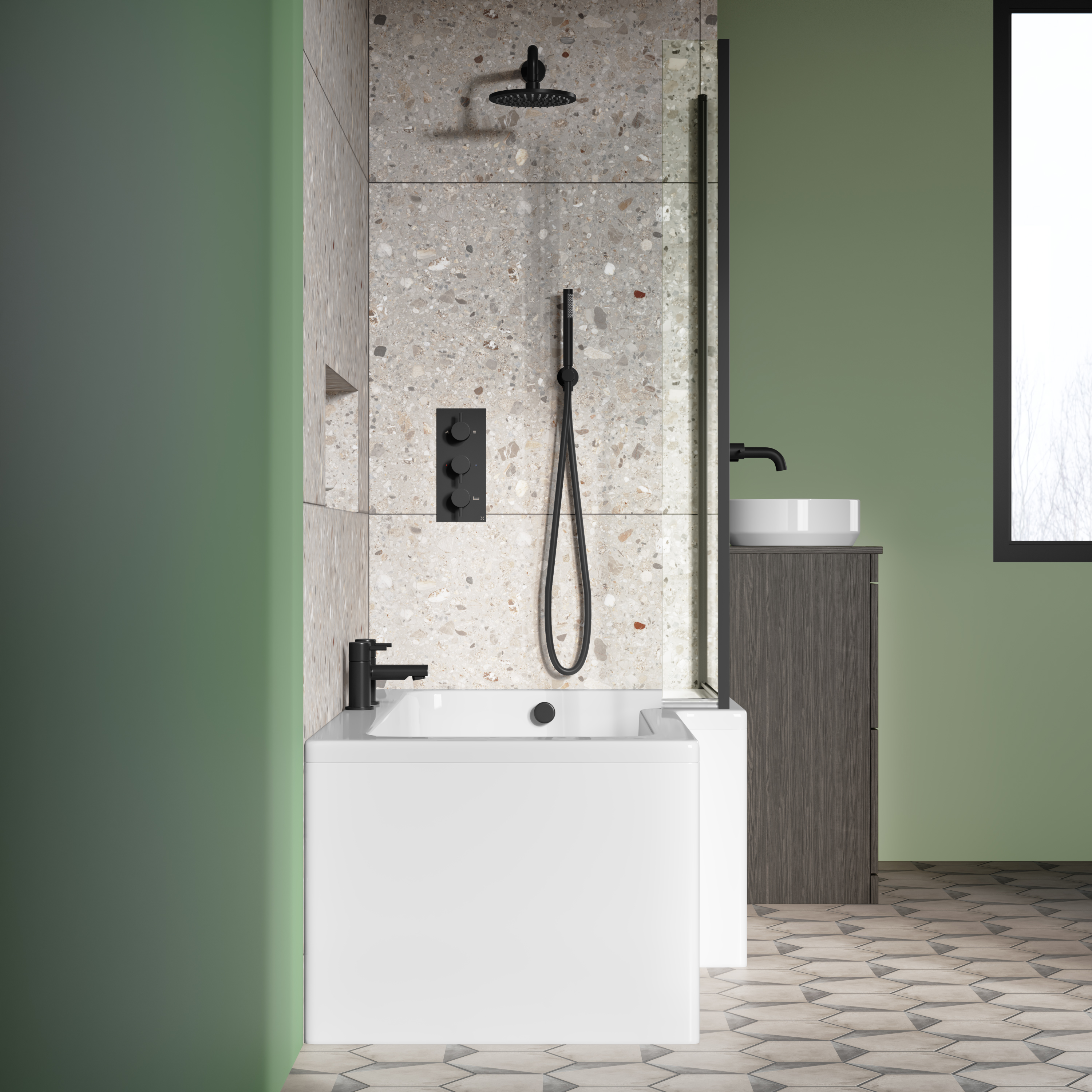 Vellamo City 6mm Matt Black Square Corner Hinged Bath Screen With Fixed Return - 1430 x 780mm
