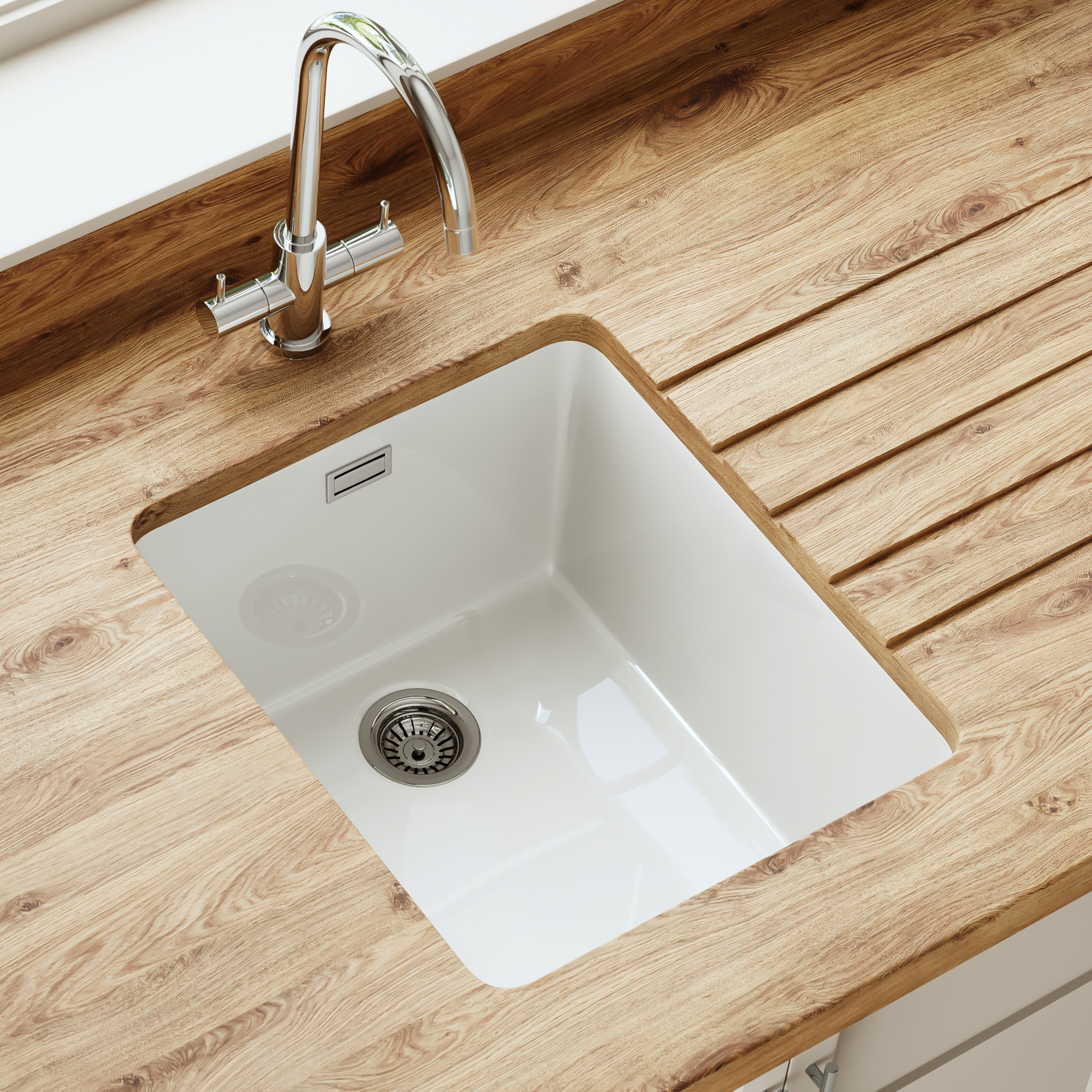 Butler & Rose Bryn Compact 1 Bowl White Fine Fireclay Ceramic Inset/Undermount Kitchen Sink - 370mm x 460mm