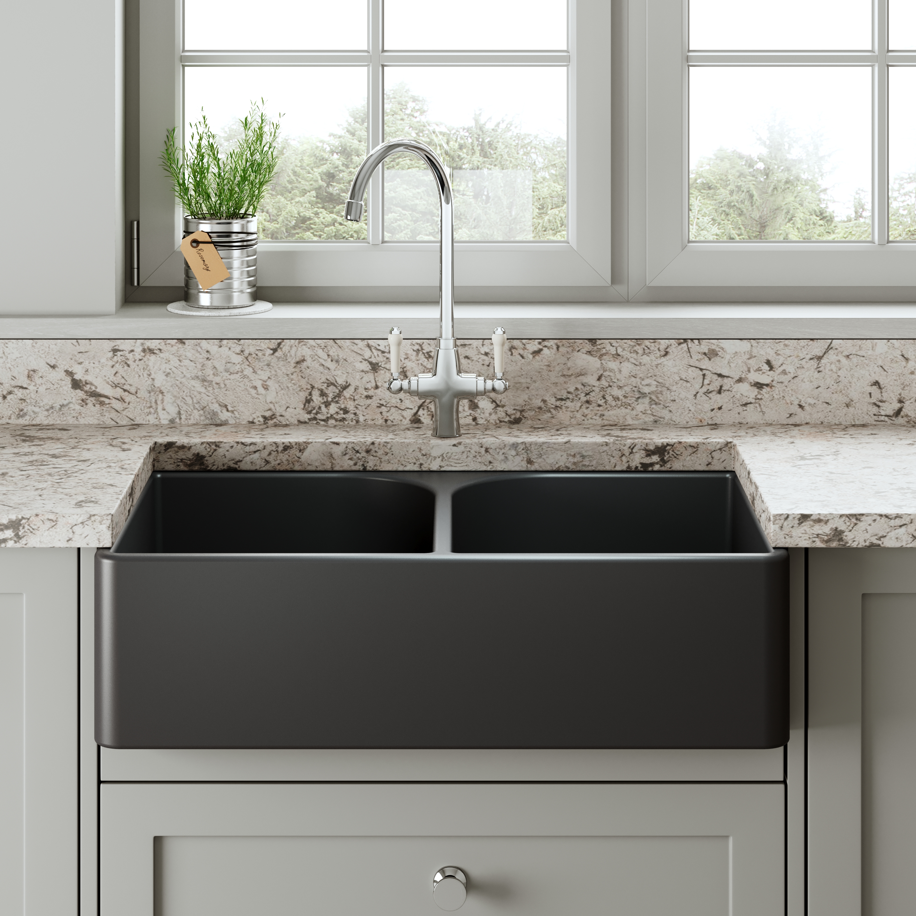 Butler & Rose Soft Black Ceramic Fireclay Double Belfast / Butler Kitchen Sink - 795 x 500mm