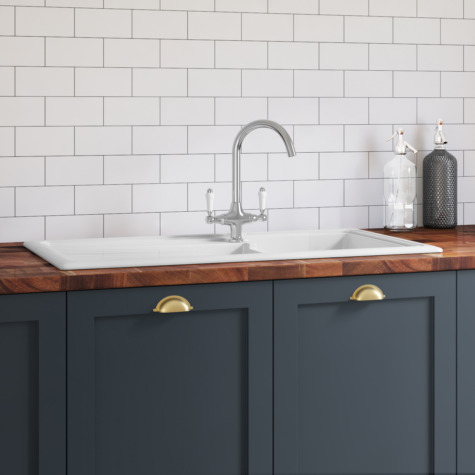 Butler & Rose 1.5 Bowl Ceramic Kitchen Sink and Butler & Rose Victoria Traditional Kitchen Mixer Tap