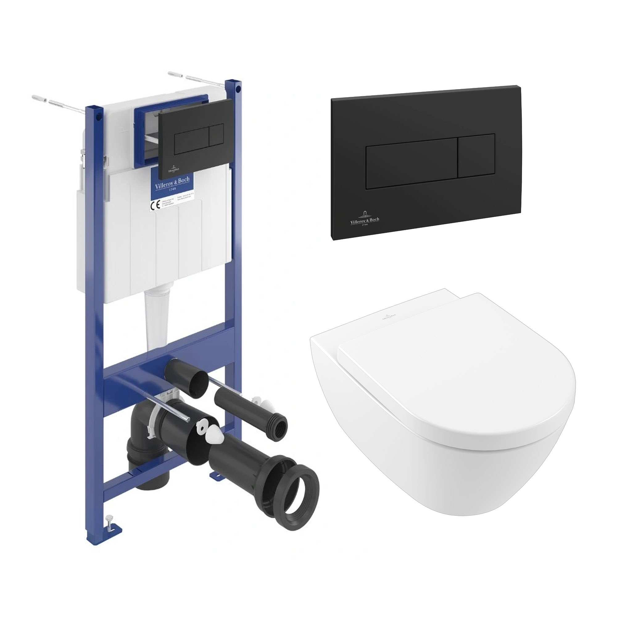 Villeroy & Boch ViConnect Pro S Frame with Subway 2.0 Wall Mounted Rimless Toilet, Flush Plate & Soft Close Toilet Seat