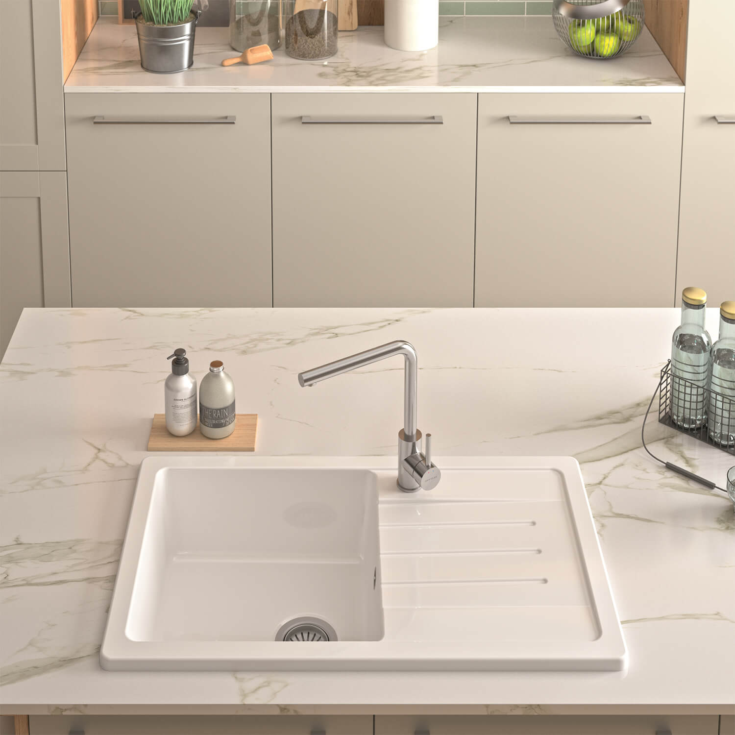 Thomas Denby Jarla Mini 1 Bowl Gloss White Ceramic Kitchen Sink with Reversible Drainer - 860 x 500mm