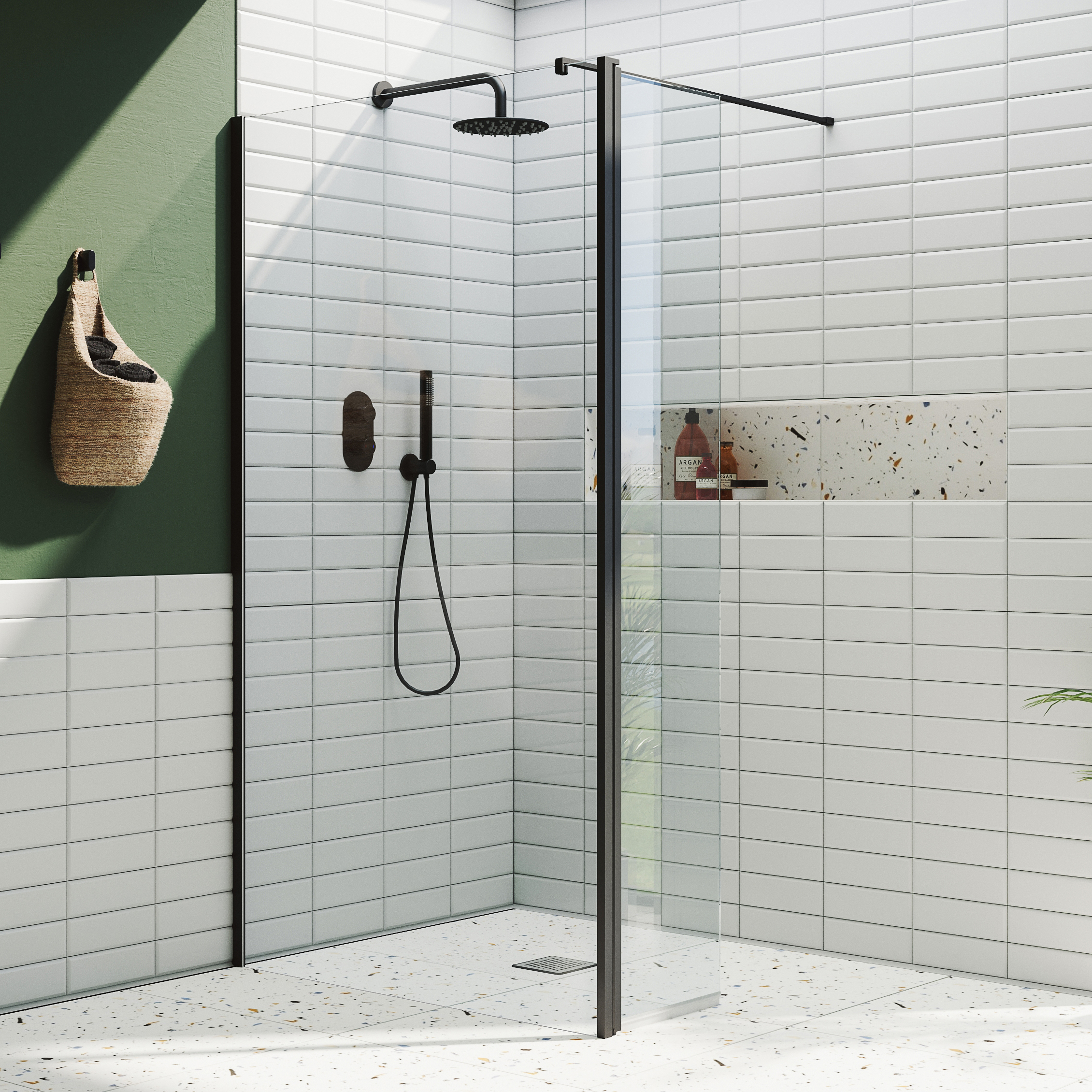Harbour i10 10mm Easy Clean 2m Tall Wetroom Panel & Hinged Return Panel - Matt Black