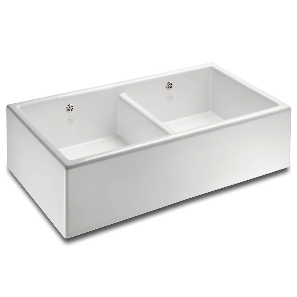 Shaws Contemporary Shaker Double Bowl White Ceramic Belfast Kitchen Sink - 895 x 465mm