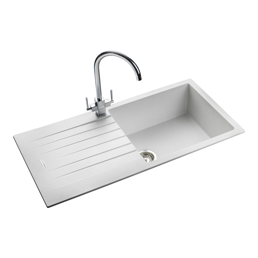 Rangemaster Andesite Large 1 Bowl Granite Crystal White Sink & Waste Kit with Reversible Drainer - 1000 x 500mm