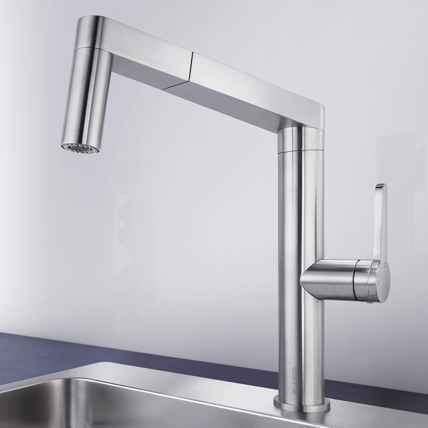 Blanco Panera-S Eco Cold Start Single Lever Brushed Stainless Steel Pull Out Mono Kitchen Mixer Spray Tap
