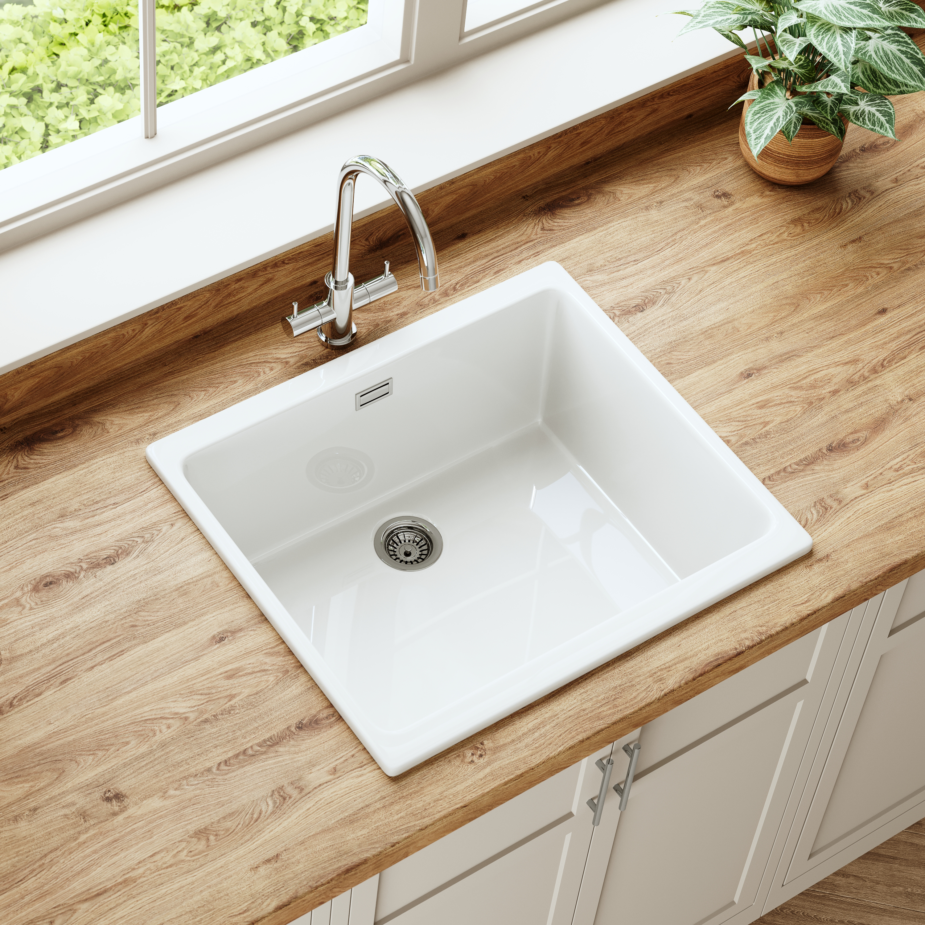 Butler & Rose Bryn Large 1 Bowl White Fine Fireclay Ceramic Inset/Undermount Kitchen Sink - 526mm x 460mm