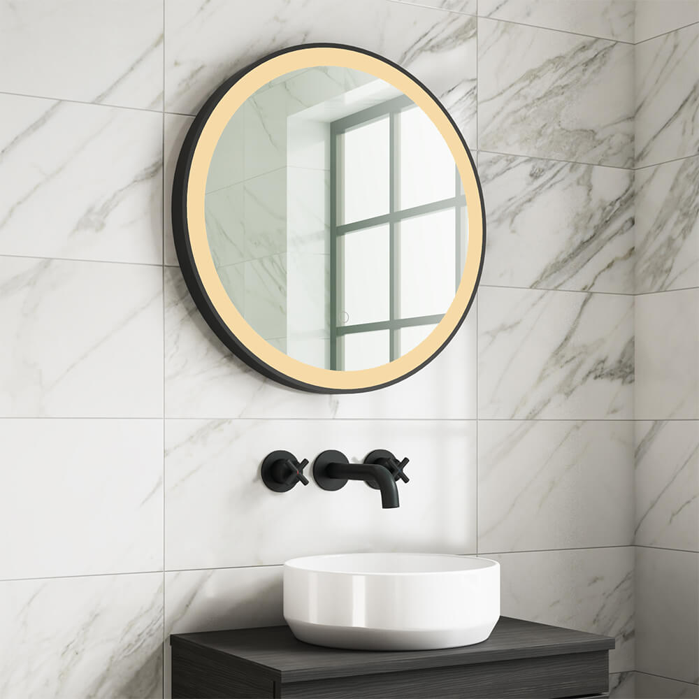 Harbour Status LED Illuminated Black Frame Round Mirror with Demister Pad & Colour Change LEDs - 2 Sizes