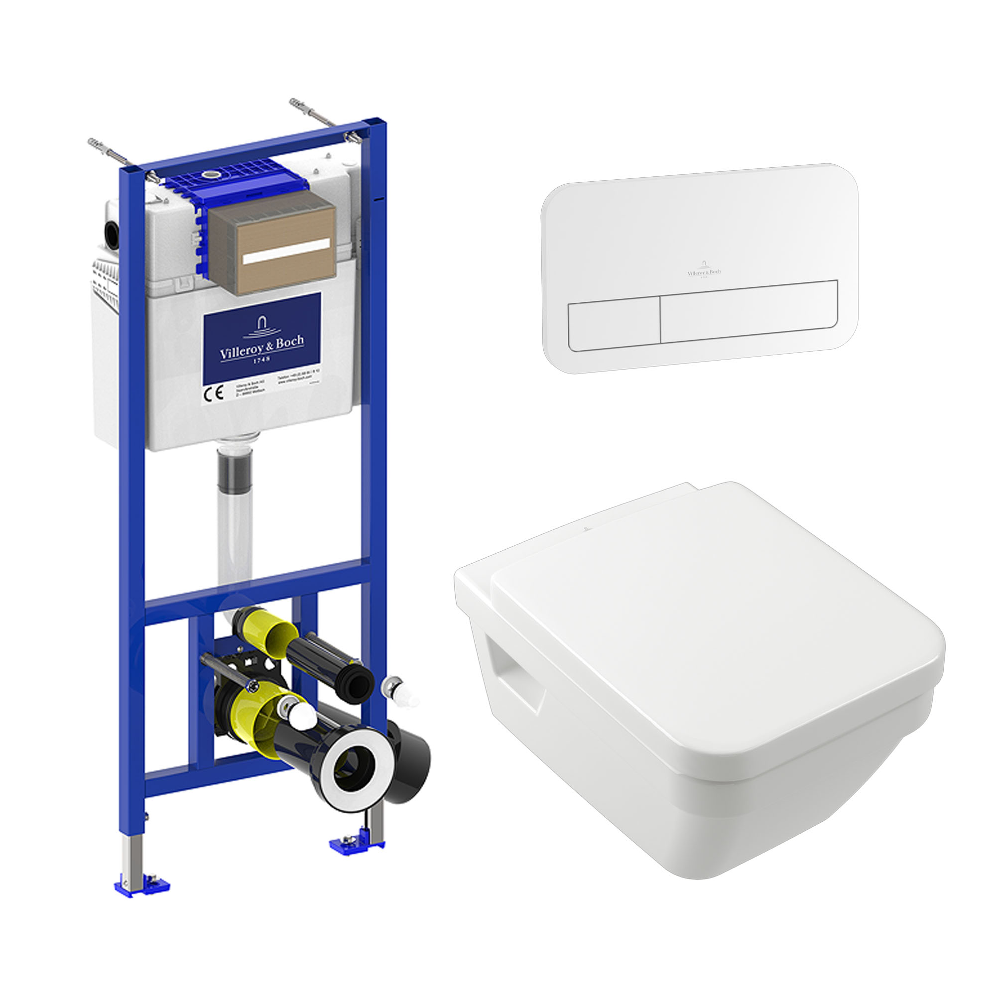 Villeroy & Boch ViConnect Pro 2.0 Frame with Architectura Square Rimless Wall Mounted Toilet, Flush Plate & Soft Close Toilet Seat 
