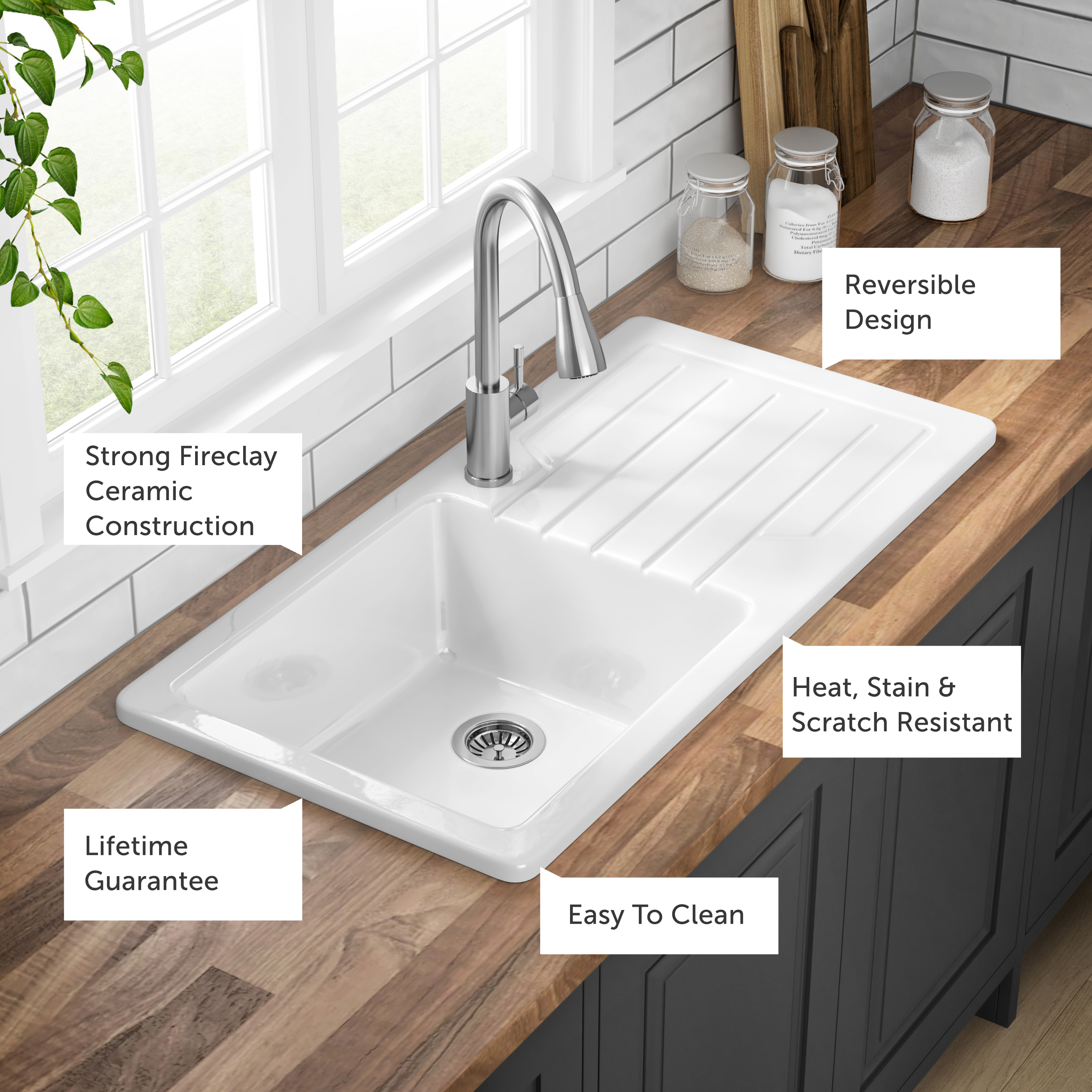 Butler & Rose Farmhouse 1 Bowl White Ceramic Kitchen Sink with Reversible Drainer - 1000 x 500mm