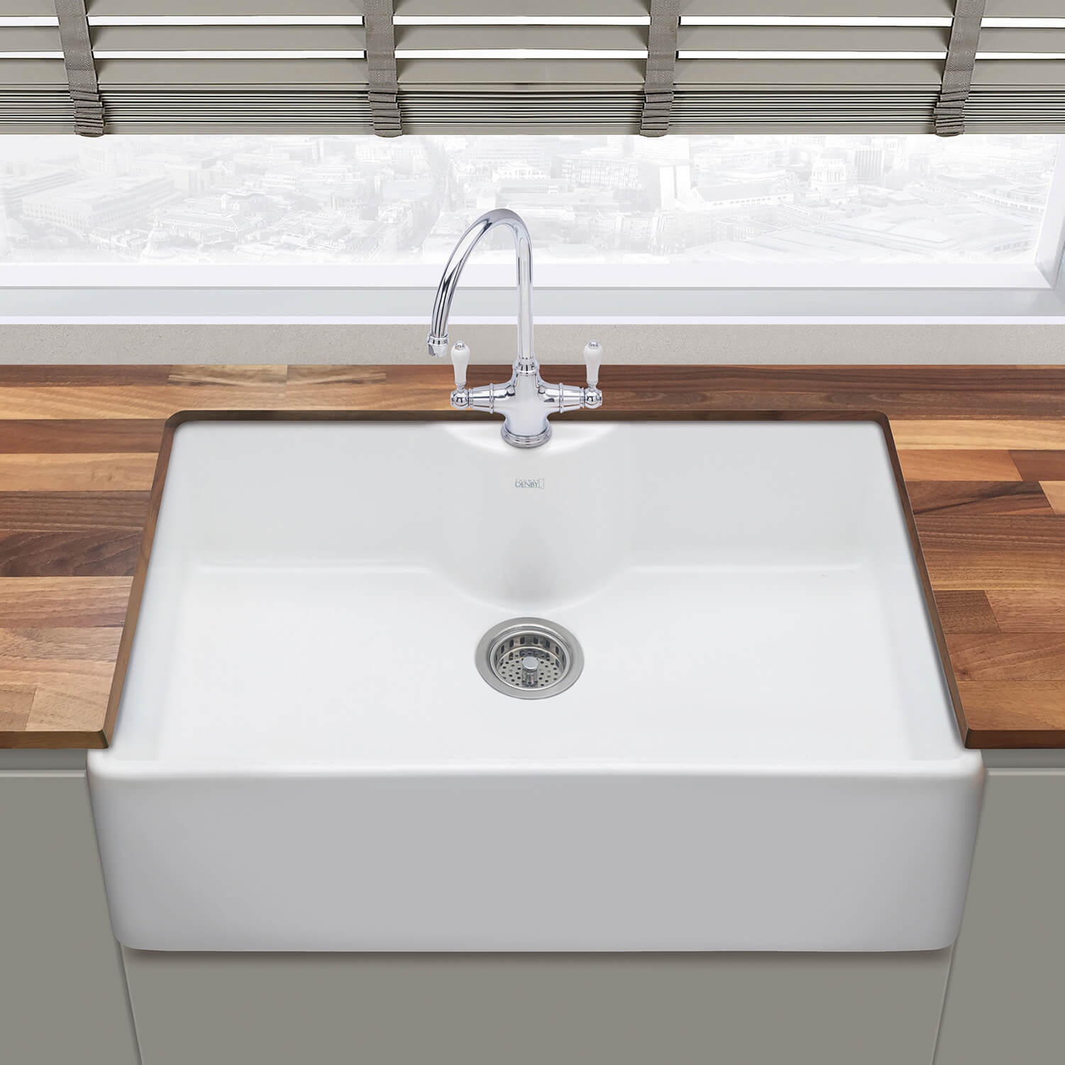 Thomas Denby Legacy Belfast 1 Bowl Gloss White Ceramic Kitchen Sink with Tap Ledge - 795 x 500mm