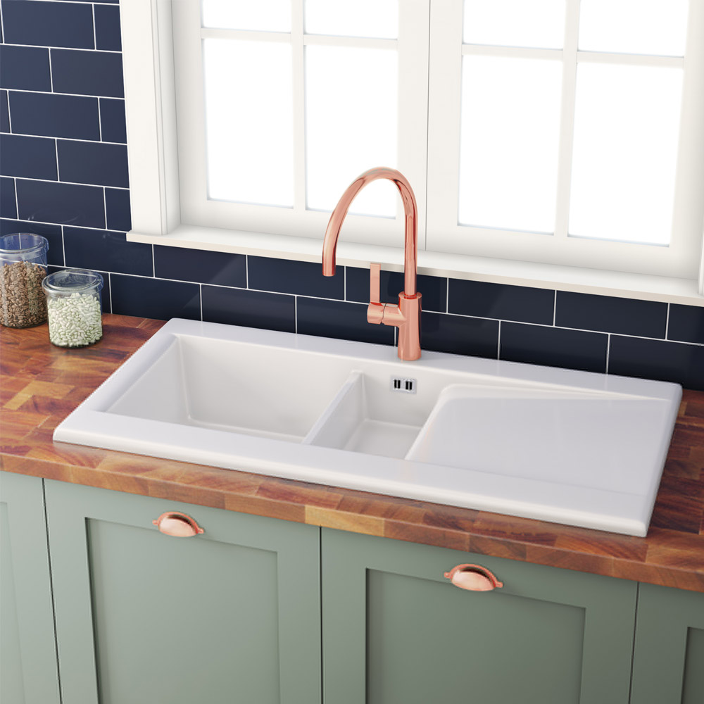 Butler & Rose Dream 1.5 Bowl White Ceramic Fireclay Kitchen Sink with Reversible Drainer & Waste Kit - 1010mm x 510mm