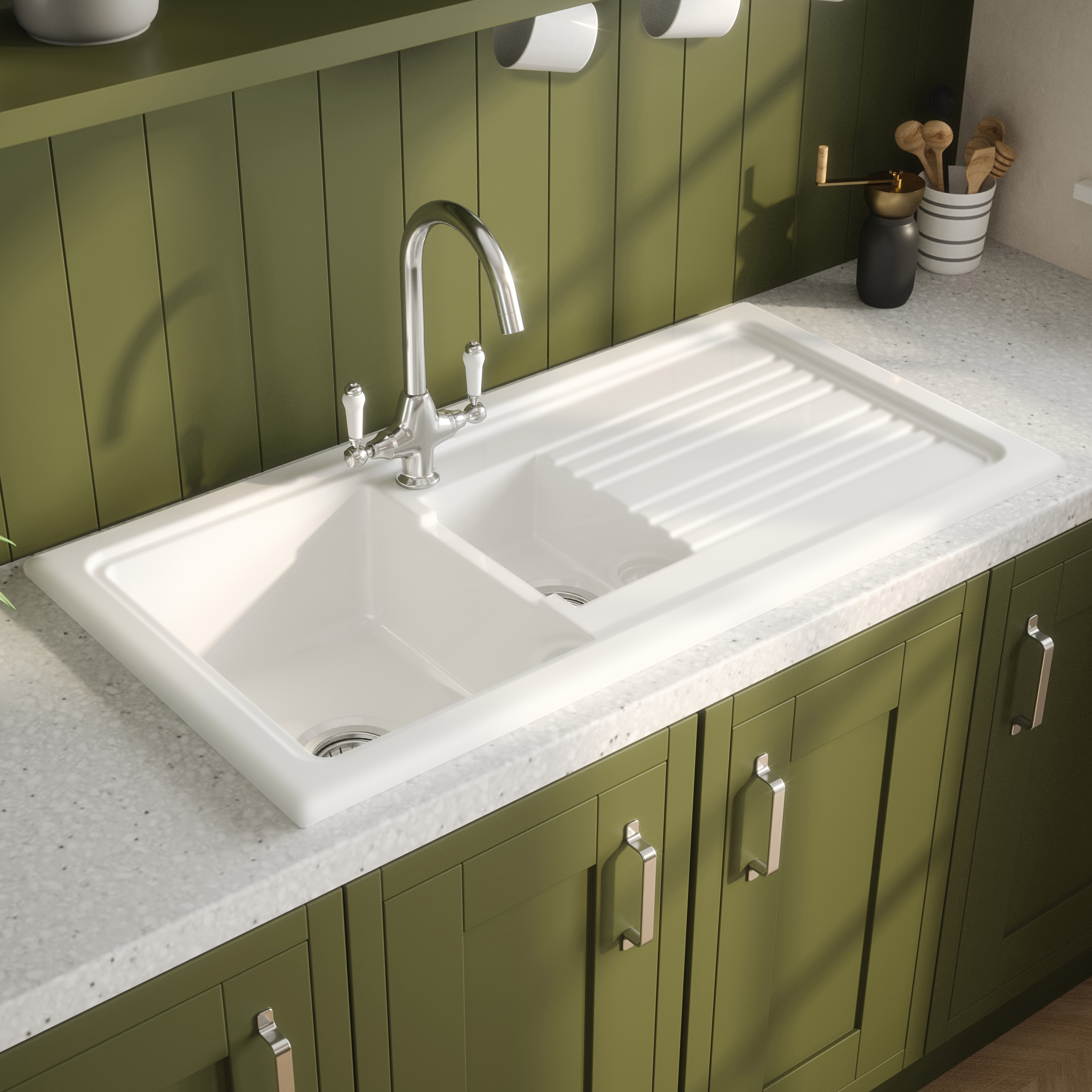 Reginox 1.5 Bowl Ceramic Kitchen Sink & Waste Kit with Reversible Drainer - 1010 x 525mm